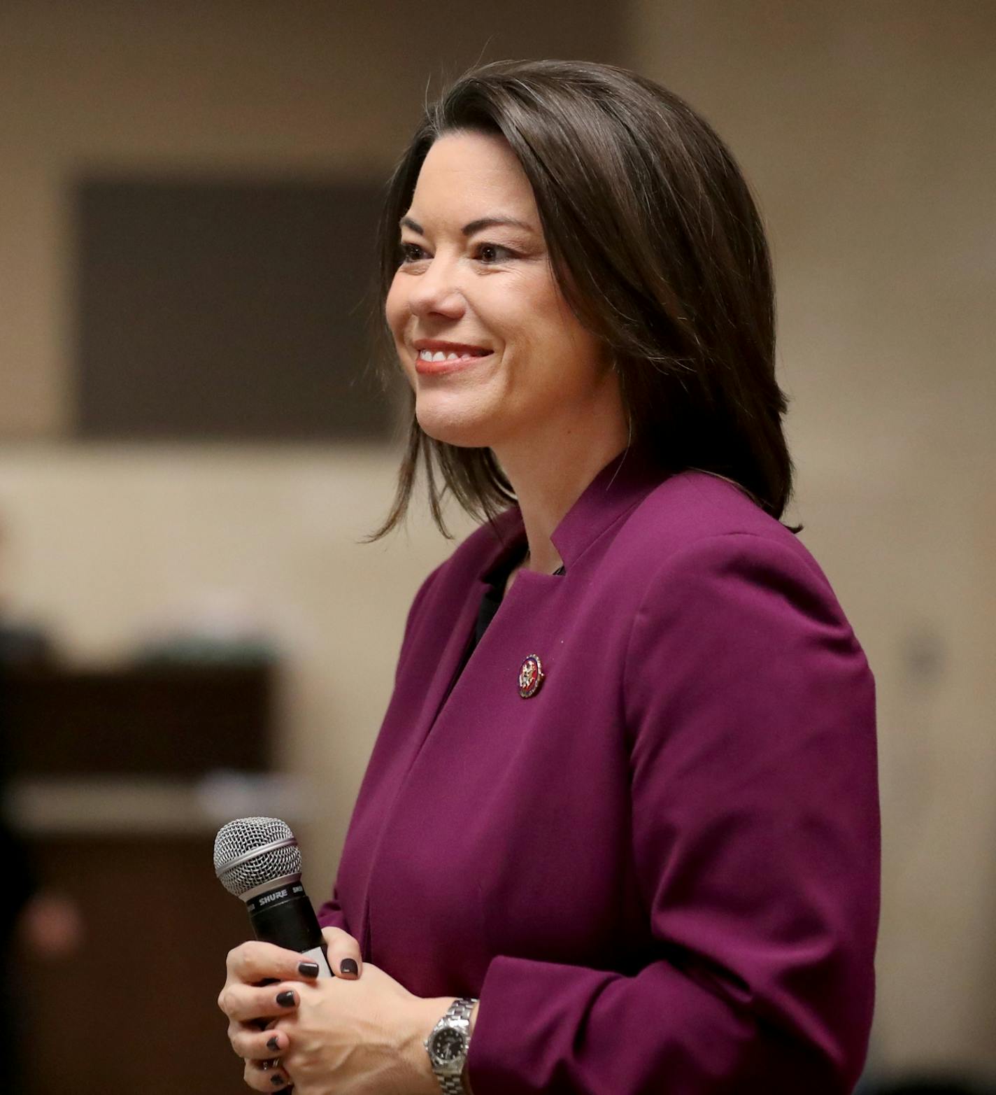 U.S. Rep. Angie Craig, a Democrat, held a town hall at Burnsville High Saturday, Jan. 26, 2019, in Burnsville, MN. Here, Craig listened to a question from an audience member.