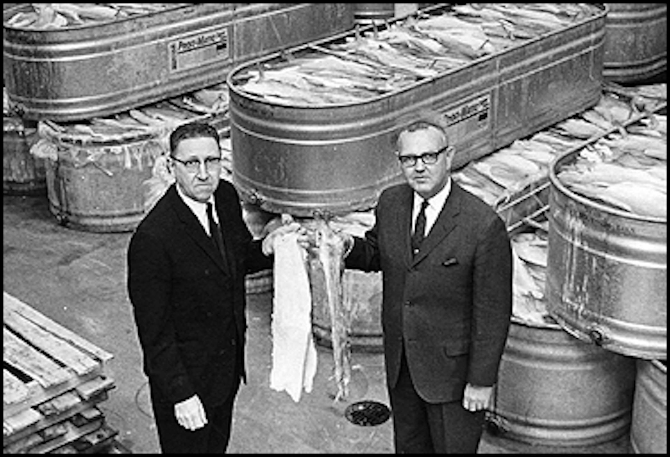 There was little to smile about in a 1950s lutefisk factory. Arthur Boscher, left, and David Arneson of Lyon Food Products hoisted some slimy goodness. (Minneapolis Star photo by Jack Gillis)