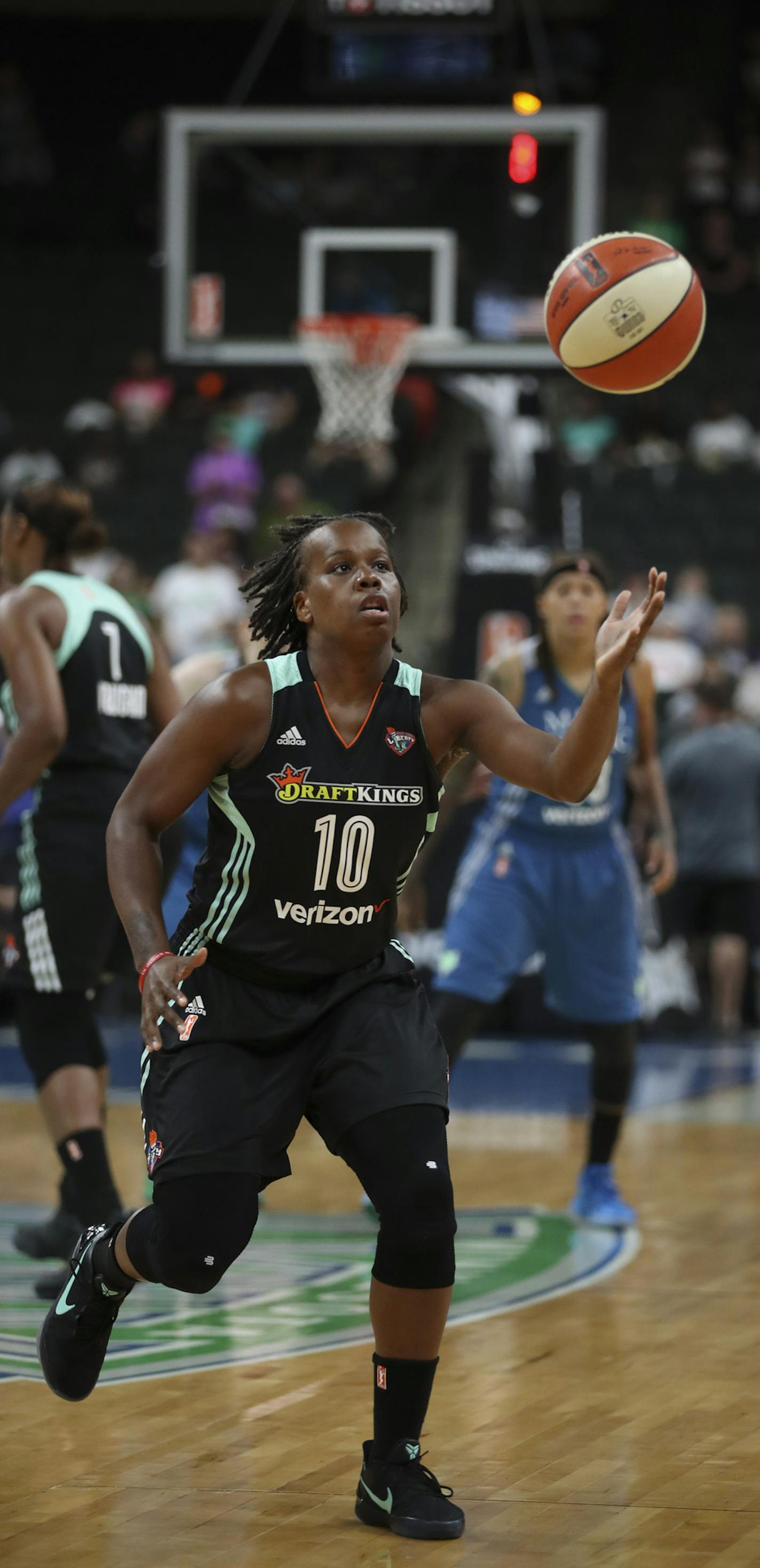 New York Liberty guard Epiphanny Prince reached for the ball after Minnesota Lynx center Sylvia Fowles tipped it to the New York Liberty at the start of their game Tuesday night. ] JEFF WHEELER &#xef; jeff.wheeler@startribune.com The Minnesota Lynx faced the New York Liberty in a nationally televised WNBA basketball game Tuesday night, July 25, 2017 at Xcel Energy Center in St. Paul.