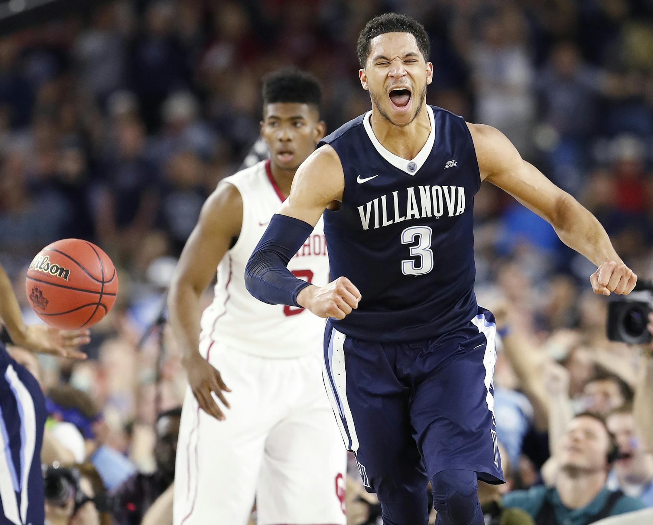 Villanova guard Josh Hart (3) reacts to a goal against Oklahoma during the second half of the NCAA Final Four tournament college basketball semifinal game Saturday, April 2, 2016, in Houston. (AP Photo/Eric Gay)