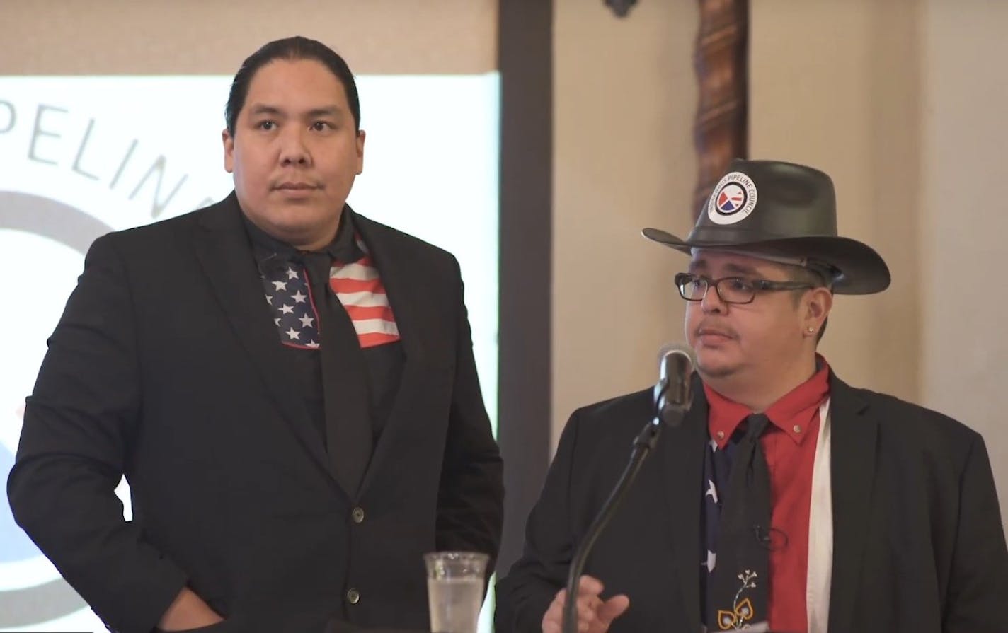 Two men from the "Indigenous Pipeline Council" hold a press conference in Duluth Saturday announcing an oil pipeline coming through Duluth, a prank part of a broader hoax in apparent protest of the Enbridge Line 3 project.