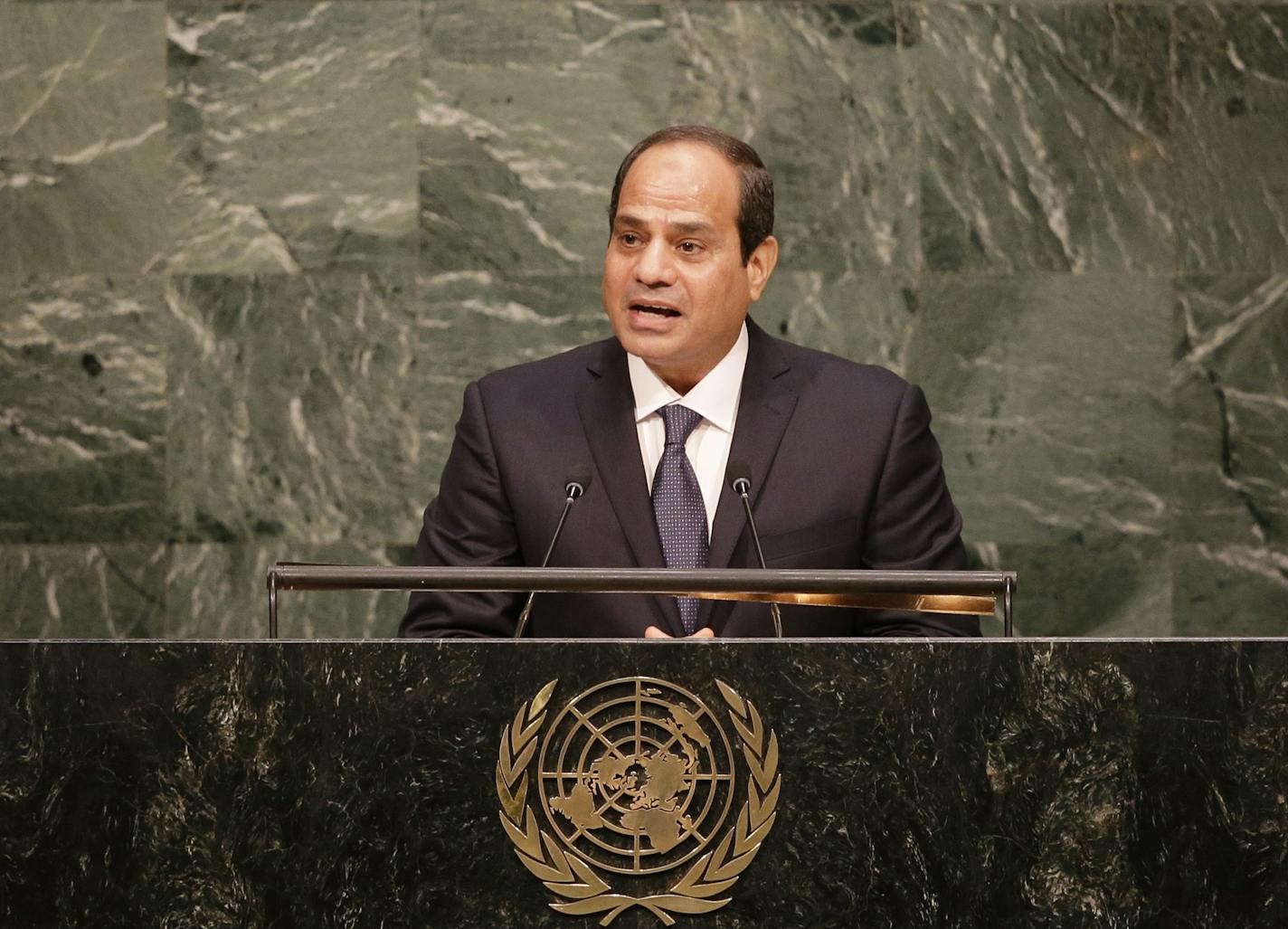 Egyptian President Abdel Fattah Al Sisi addresses the 2015 Sustainable Development Summit, Friday, Sept. 25, 2015 at United Nations headquarters. (AP Photo/Seth Wenig) ORG XMIT: MIN2015110611424320