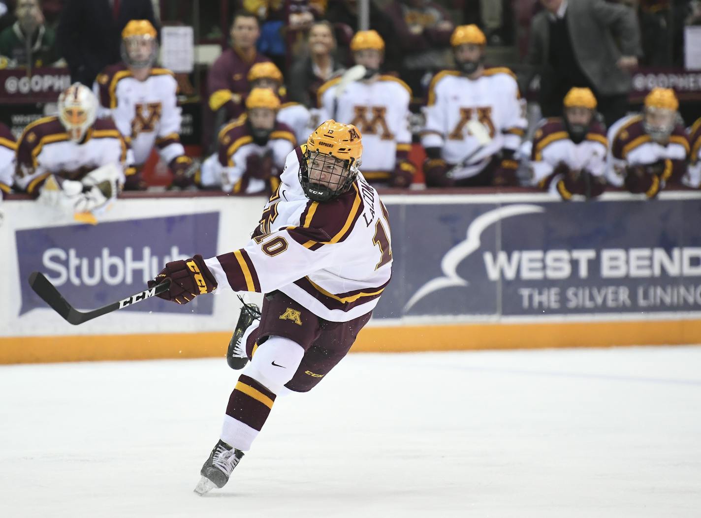 Minnesota Gophers defenseman Jackson LaCombe (10) attempted a shot against the Michigan State Spartans in the second period. ] Aaron Lavinsky &#x2022; aaron.lavinsky@startribune.com The Minnesota Gophers played the Michigan State Spartans on Friday, Feb. 7, 2020 at the 3M Arena at Mariucci in Minneapolis, Minn.