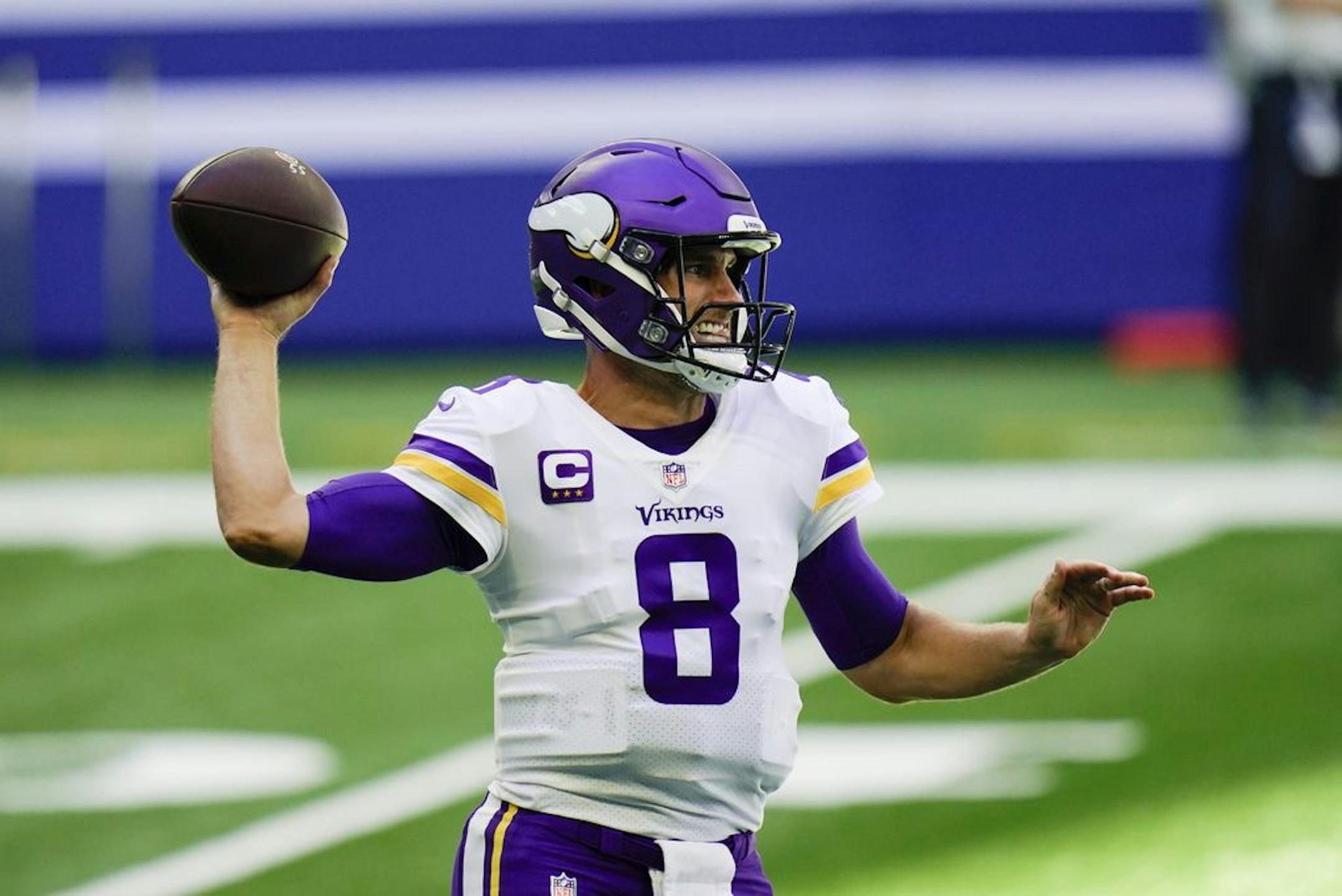 Minnesota Vikings quarterback Kirk Cousins (8) throws during the first half of an NFL football game against the Indianapolis Colts, Sunday, Sept. 20, 2020, in Indianapolis.