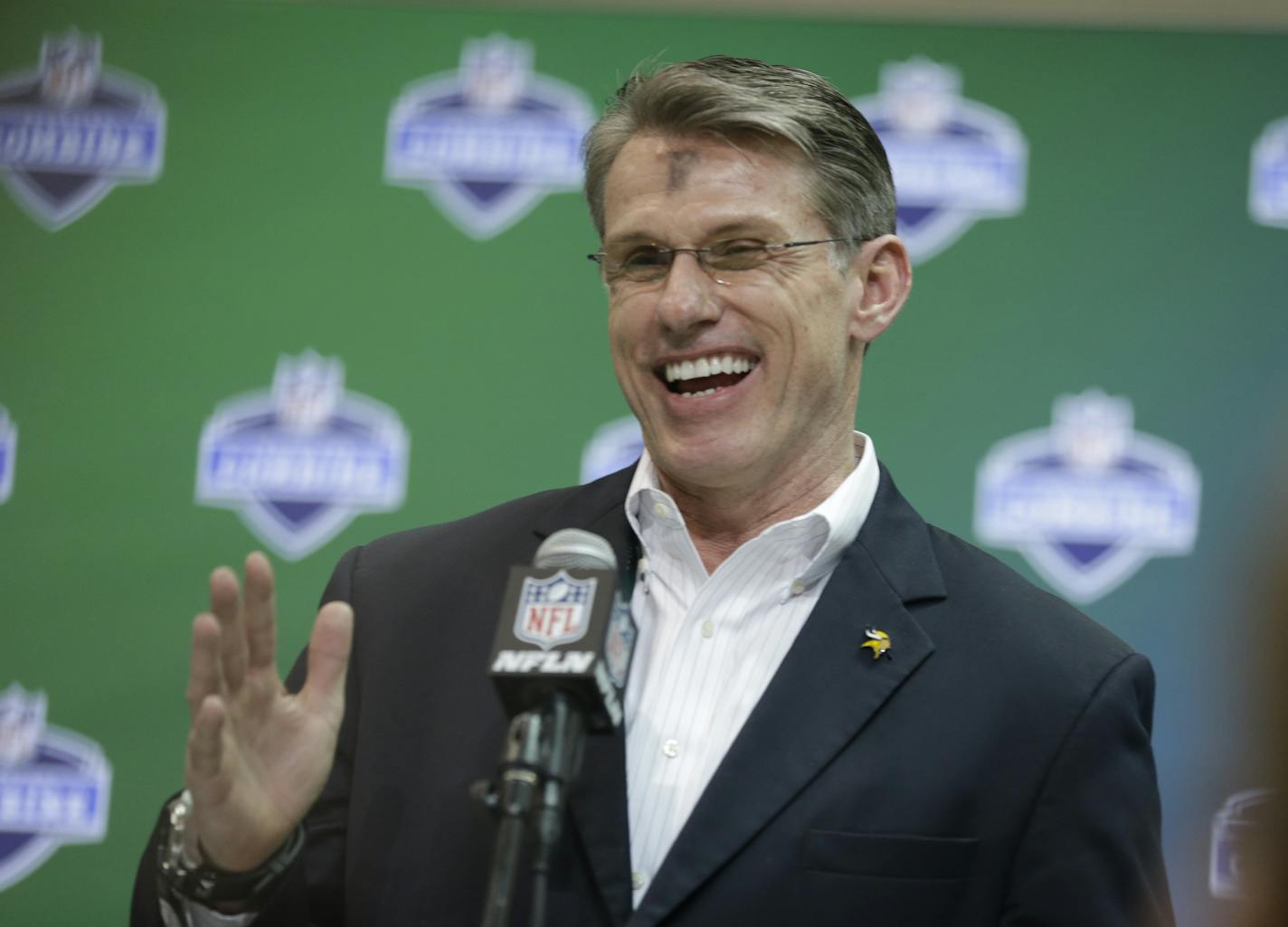 Minnesota Vikings general manager Rick Spielman speaks during a press conference at the NFL Combine in Indianapolis, Wednesday, March 1, 2017. (AP Photo/Michael Conroy)