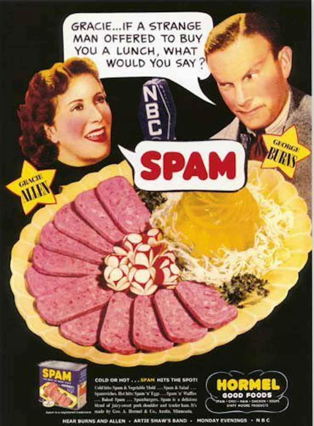 SPAM magazine ad featuring George Burns and Gracie Allen, 1940