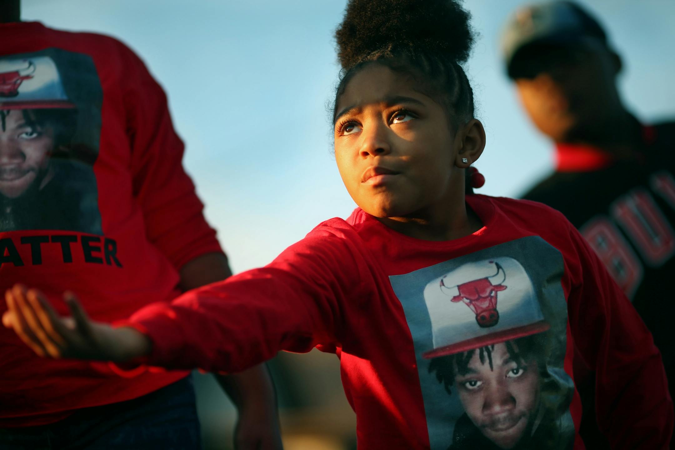 A niece of Jamar Clark gestured as the song �A change is gonna come � by Sam Cooke was played as family members and friends gather near the spot where Jamar Clark was killed in a confrontation with city police last fall to commemorate his death Tuesday October 15, 2016 in Minneapolis, MN.
