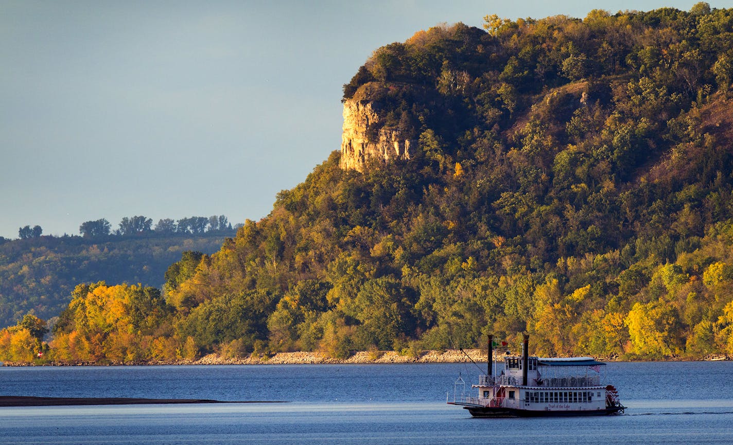 The 1800s Paddle Wheel replica &#x201c;Pearl of the River&#x201d; cruised Lake Pepin on an October evening in 2014.