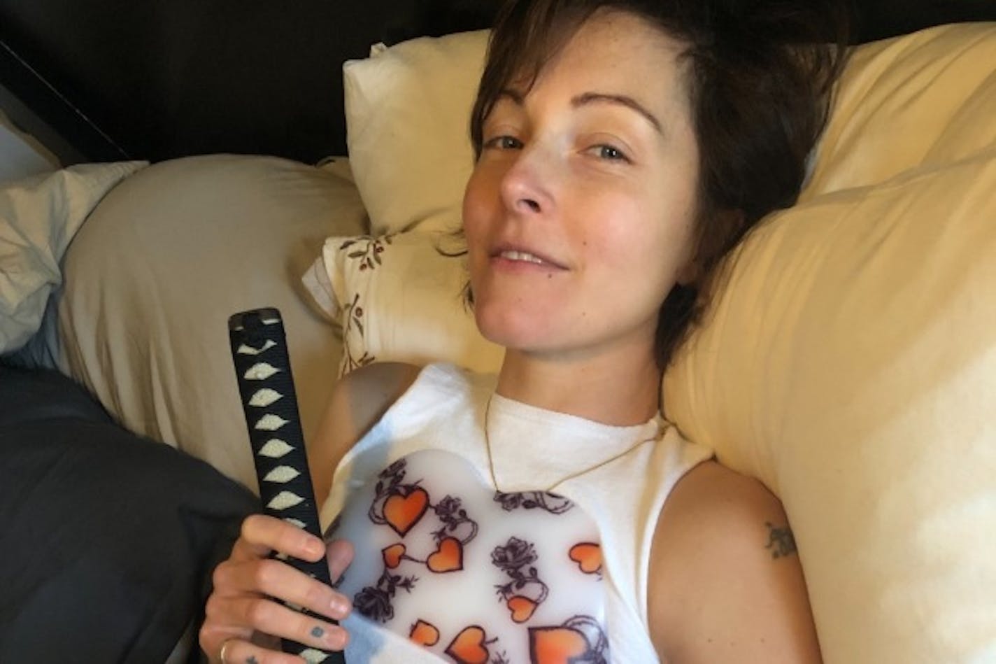 Channy Leaneagh is currently laid up with a back brace (and samurai sword). / From GoFundMe.com