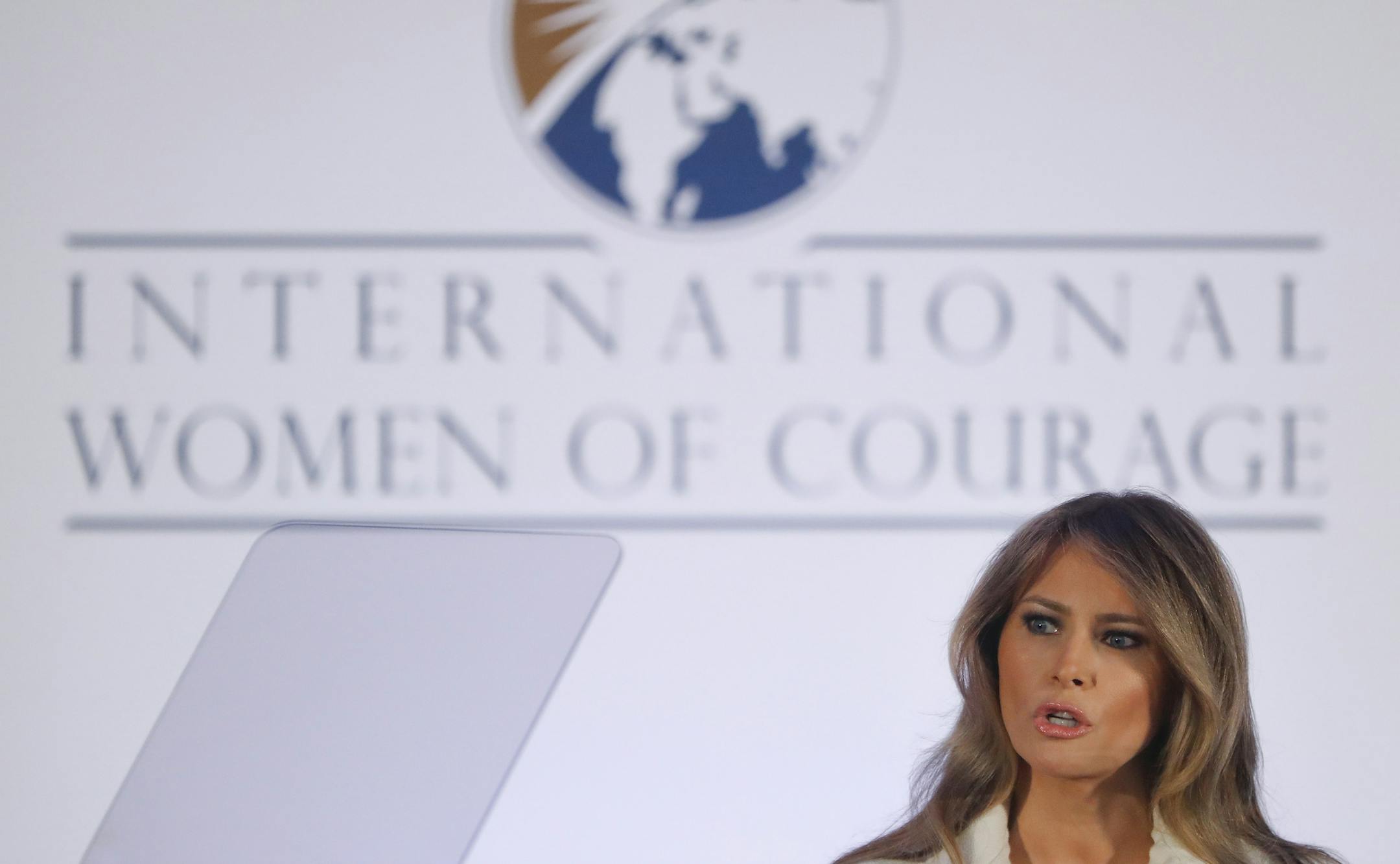 First lady Melania Trump speaks before presenting the 2017 Secretary's of State's International Women of Courage (IWOC) Awards, Wednesday, March 29, 2017, at the State Department in Washington. (AP Photo/Pablo Martinez Monsivais)