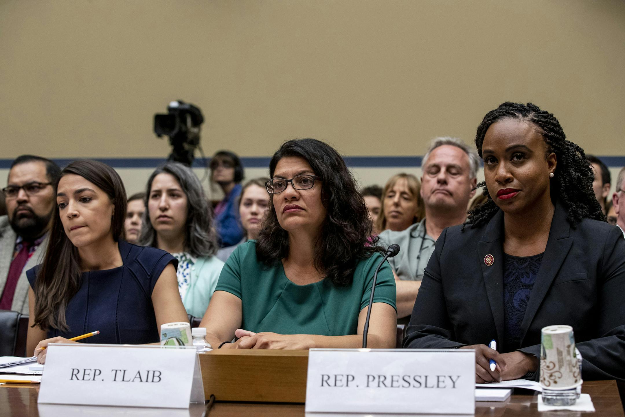 From left, Reps. Alexandria Ocasi­o-Cortez (D-N.Y.), Rashida Tlaib (D-Mich.) and Ayanna Pressley (D-Mass.) during a House Oversight and Reform Committee hearing on Capitol Hill in Washington, July 12, 2019. President Donald Trump weighed in via Twitter on the friction between a group of four freshman Democratic congresswomen, including Ocasio-Cortez, Tlaib and Pressley, and House Speaker Nancy Pelosi on July 14 by suggesting that the congresswomen — none of whom are white — sh