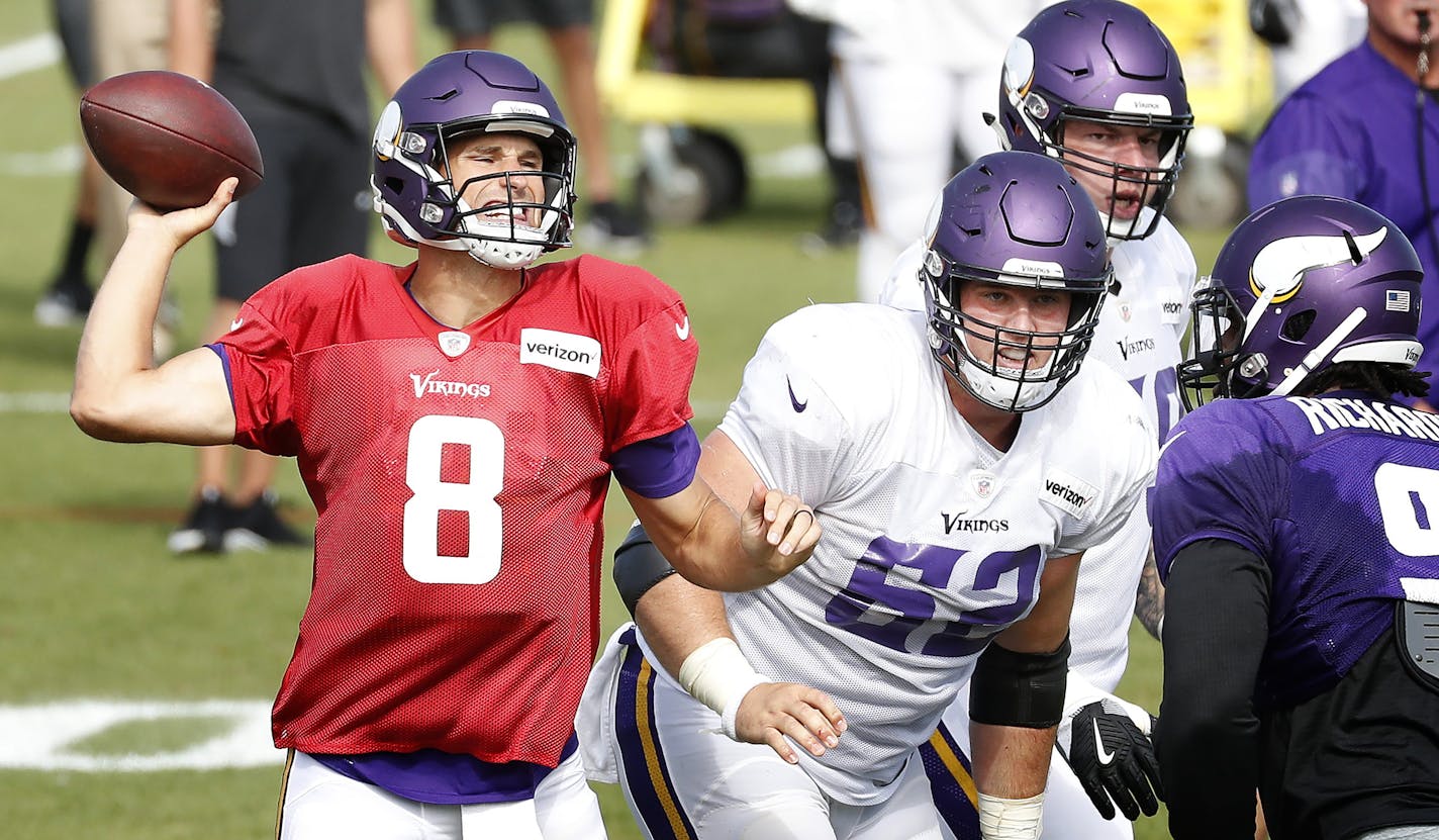 Minnesota Vikings offensive lineman Nick Easton (62) during practice on August 2, 2018.
Easton had neck surgery and will likely miss the rest of the season. ] CARLOS GONZALEZ &#xef; cgonzalez@startribune.com &#xf1; August 2, 2018, Eagan, MN, Twin Cities Orthopedics Performance Center, Minnesota Vikings Training Camp,