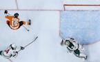 The Flyers' Nolan Patrick (19) scored against Wild goalie Devan Dubnyk with a nifty between-the-legs shot during the second period of Philadelphia's 7