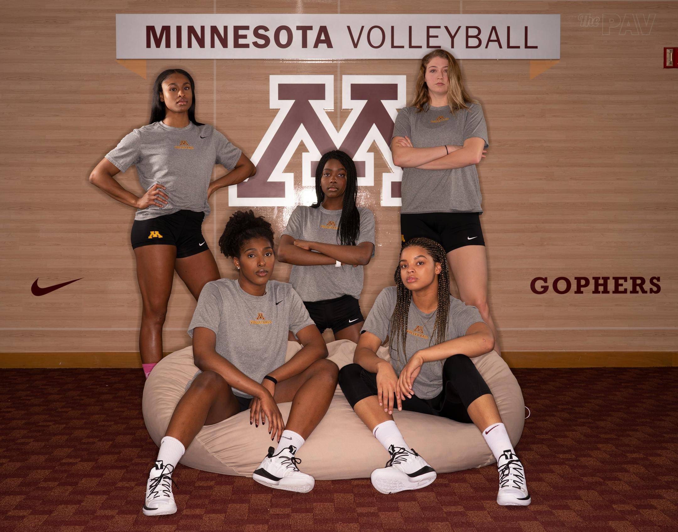 These five Gophers volleyball players each have over 225 kills this season: (front row, from left) Stephanie Samedy and Alexis Hart; (back row, from left) Taylor Morgan, Adanna Rollins and Regan Pittman.