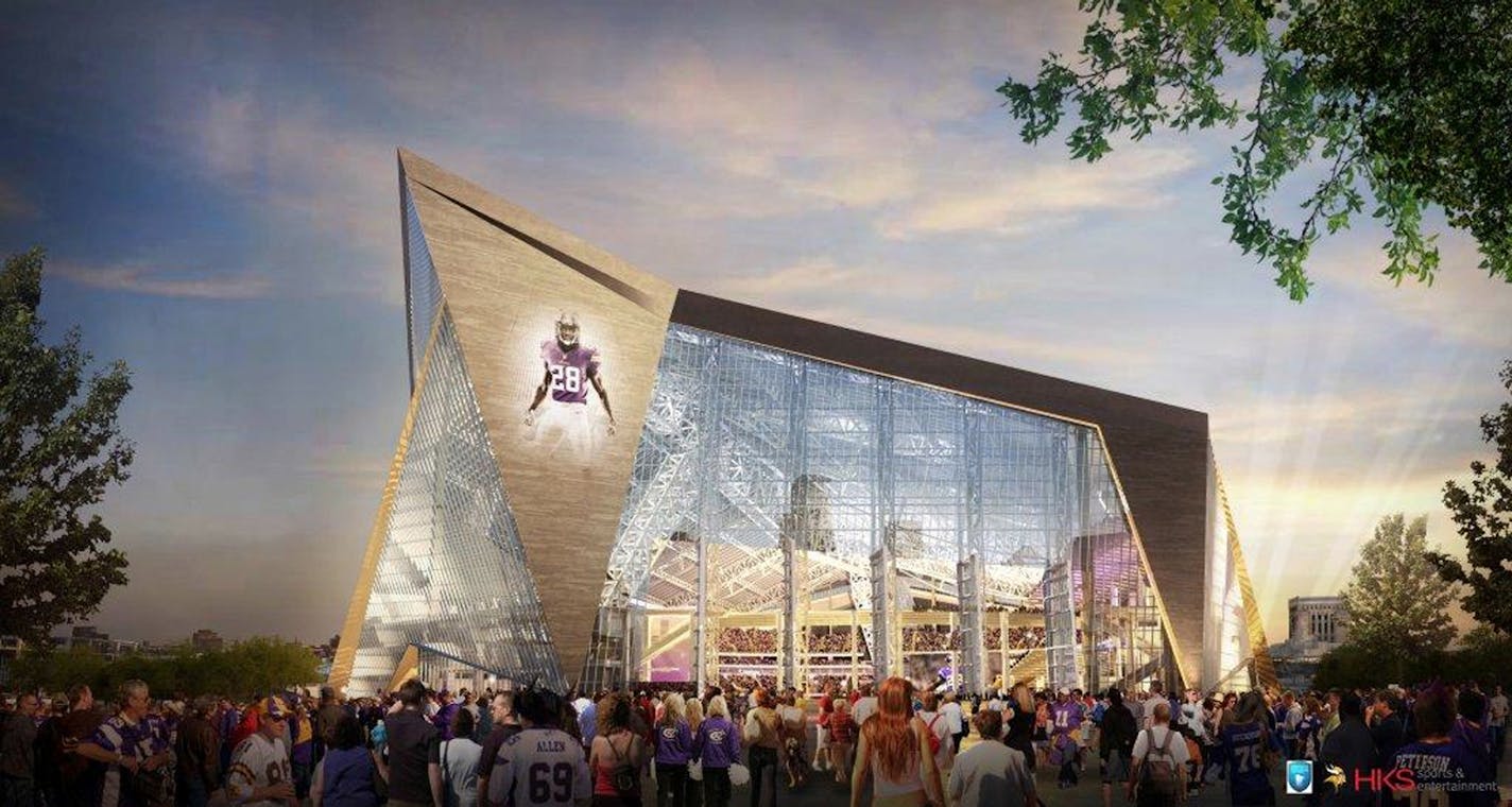 This handout released by the Minnesota Sports Facilities Authority and the Minnesota Vikings shows the new Minnesota Vikings stadium in this rendering done by HKS Sports and Entertainment Group and released Monday, May 13, 2013. The yet-to-be-named facility, which will open in 2016 and replace the Metrodome in downtown Minneapolis, will have a translucent roof and louvered front windows to let as much natural light in as possible. Construction will begin later this year. (AP Photo/HKS) ORG XMIT: