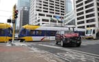 Light rail and auto traffic was affected after a train car and SUV collided at the intersection of 5th Street and 3rd Avenue in downtown Minneapolis o