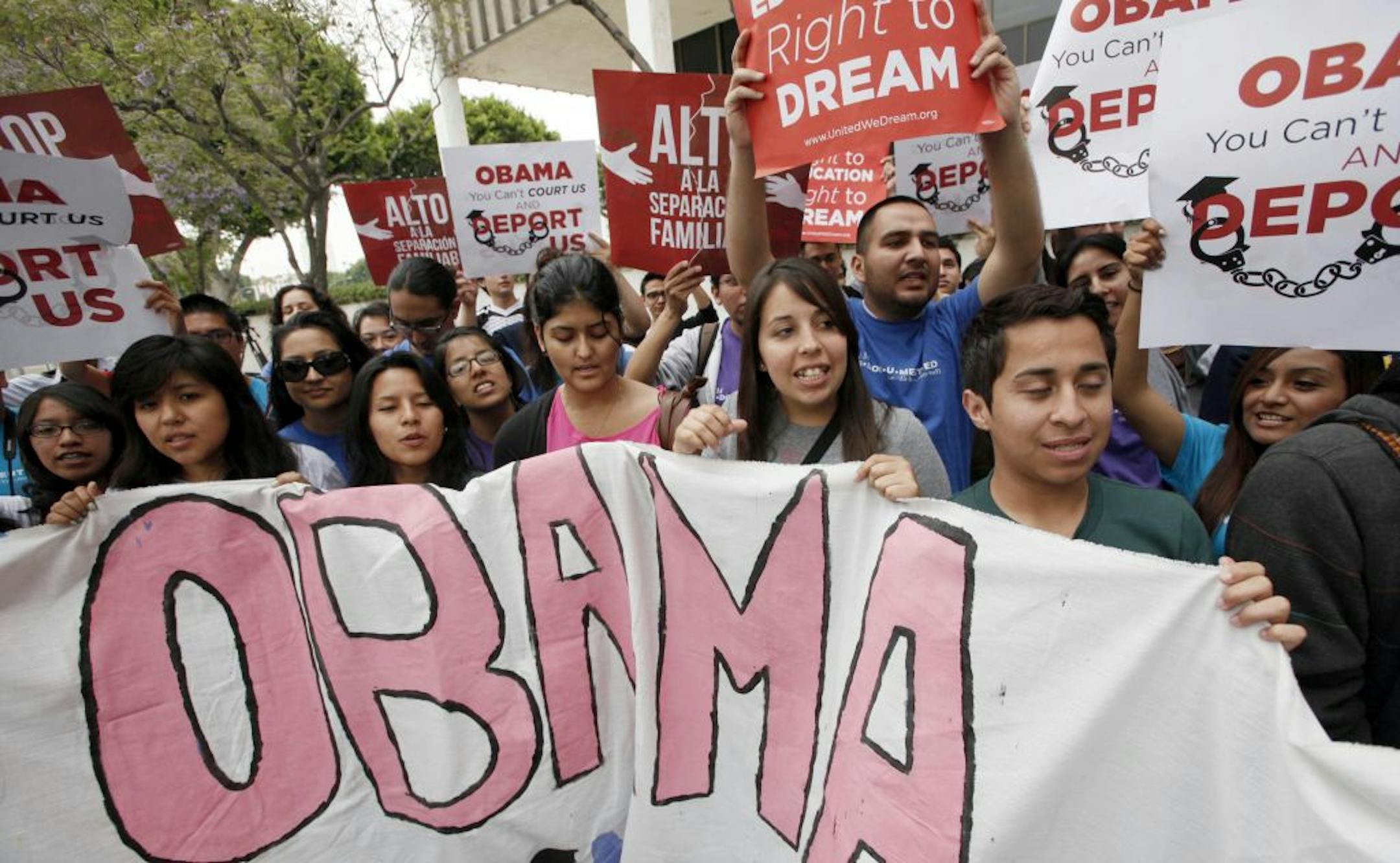 "Right to Dream" students and supporters in Los Angeles celebrate the Obama administrations decision to stop deporting younger undocumented immigrants.
