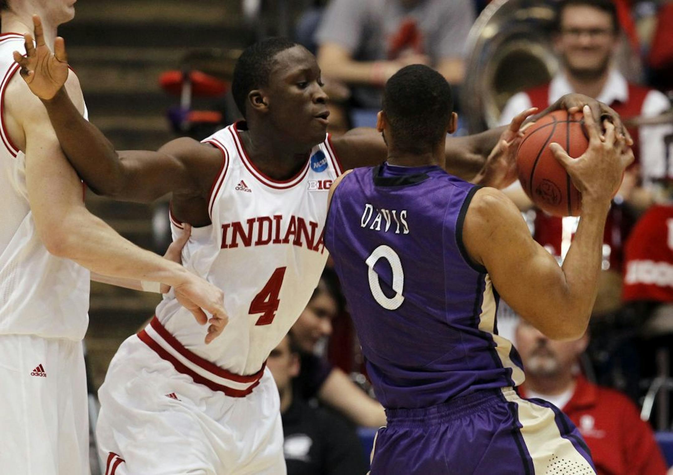 Indiana shooting guard Victor Oladipo blocked a shot by James Madison's A.J. Davis in the first half in the second round of the NCAA tournament.
