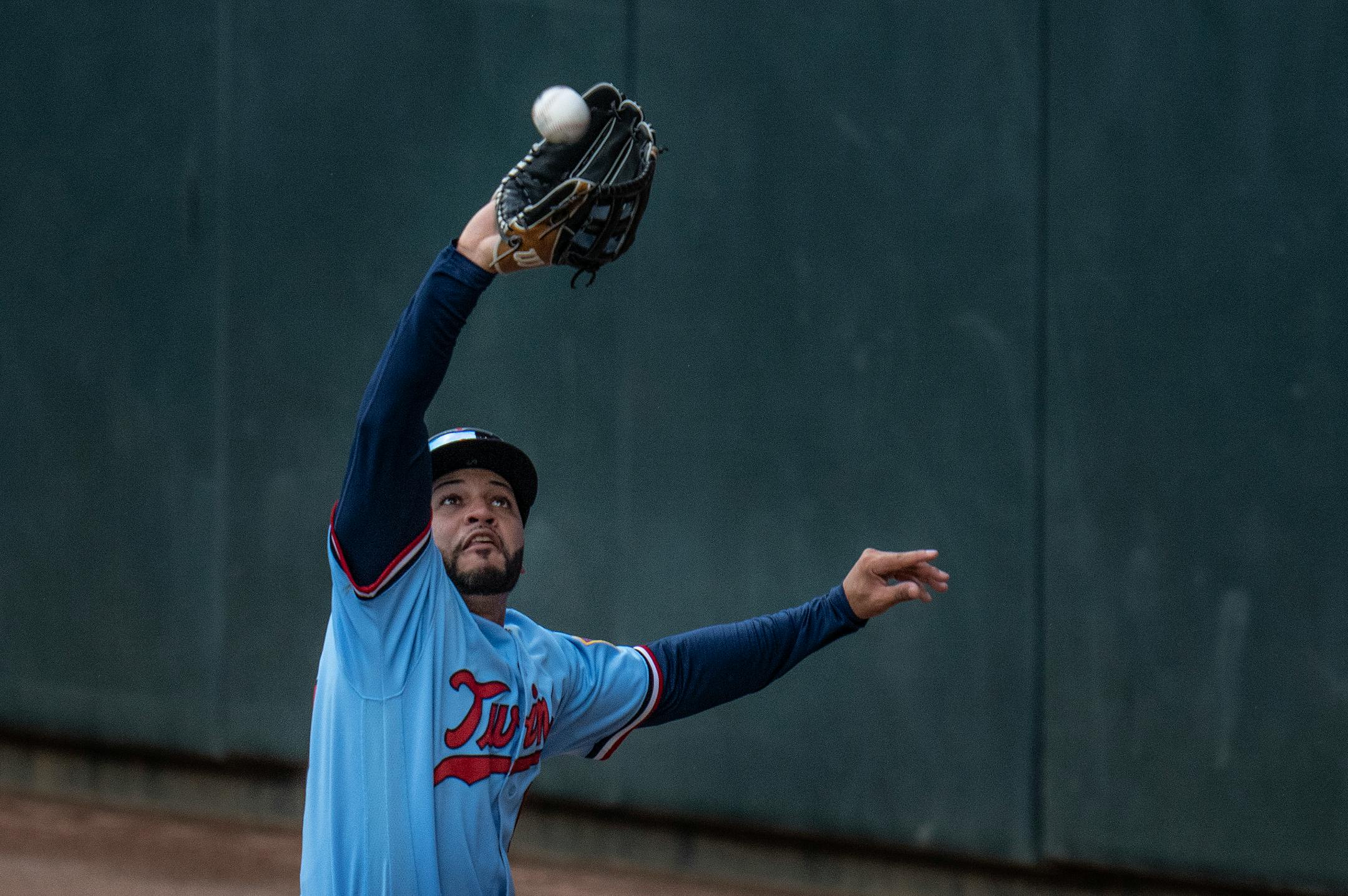 Minnesota Twins center fielder Gilberto Celestino (67) caught a fly ball hit by Baltimore Orioles left fielder Austin Hays (21) in the third inning.