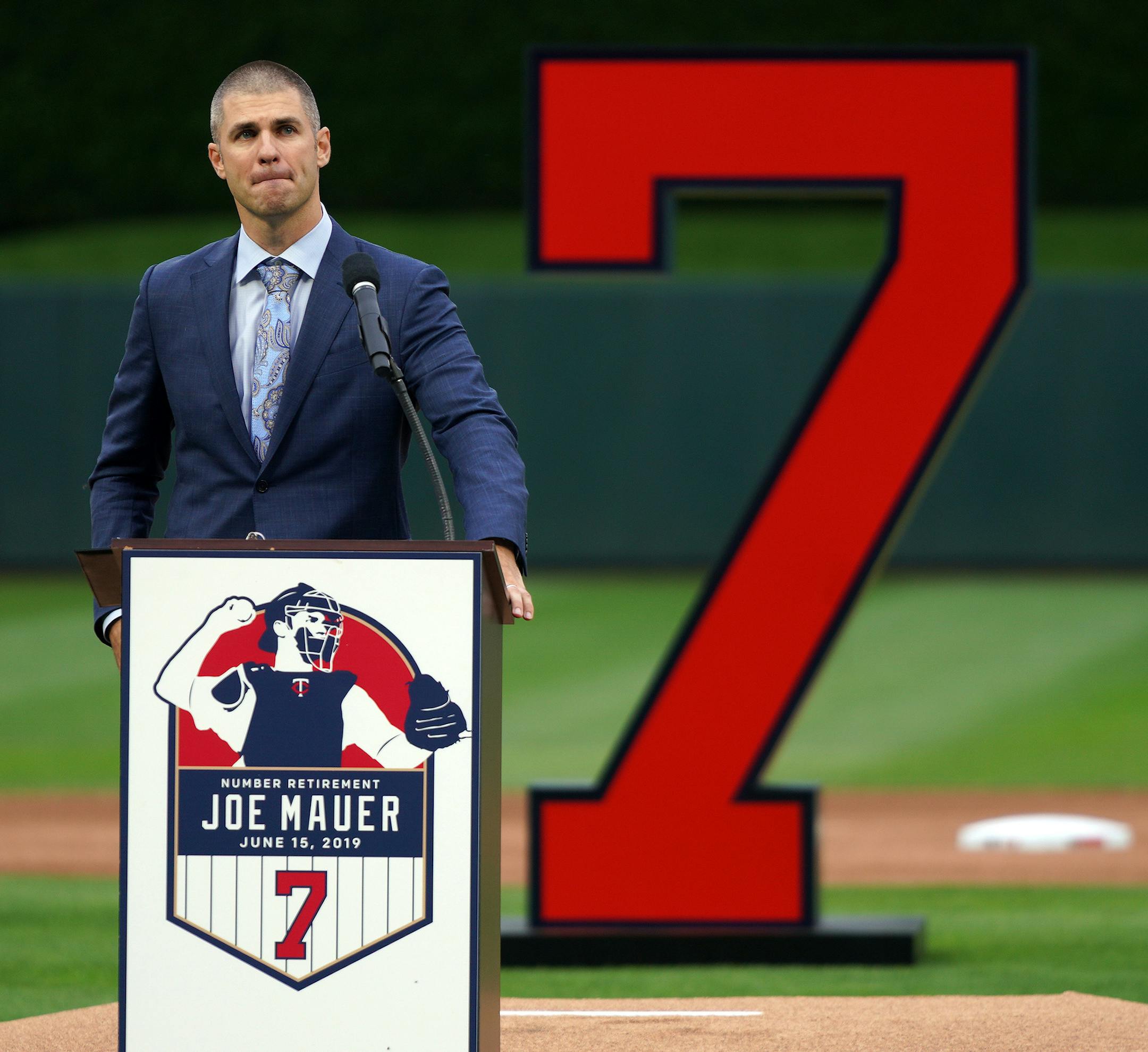 Former Minnesota Twins star Joe Mauer fought back tears as he spoke during a pregame ceremony to retire his number 7 Saturday. ] ANTHONY SOUFFLE &#x2022; anthony.souffle@startribune.com The Minnesota Twins played the Kansas City Royals in an MLB game Saturday, June 15, 2019 at Target Field in Minneapolis.