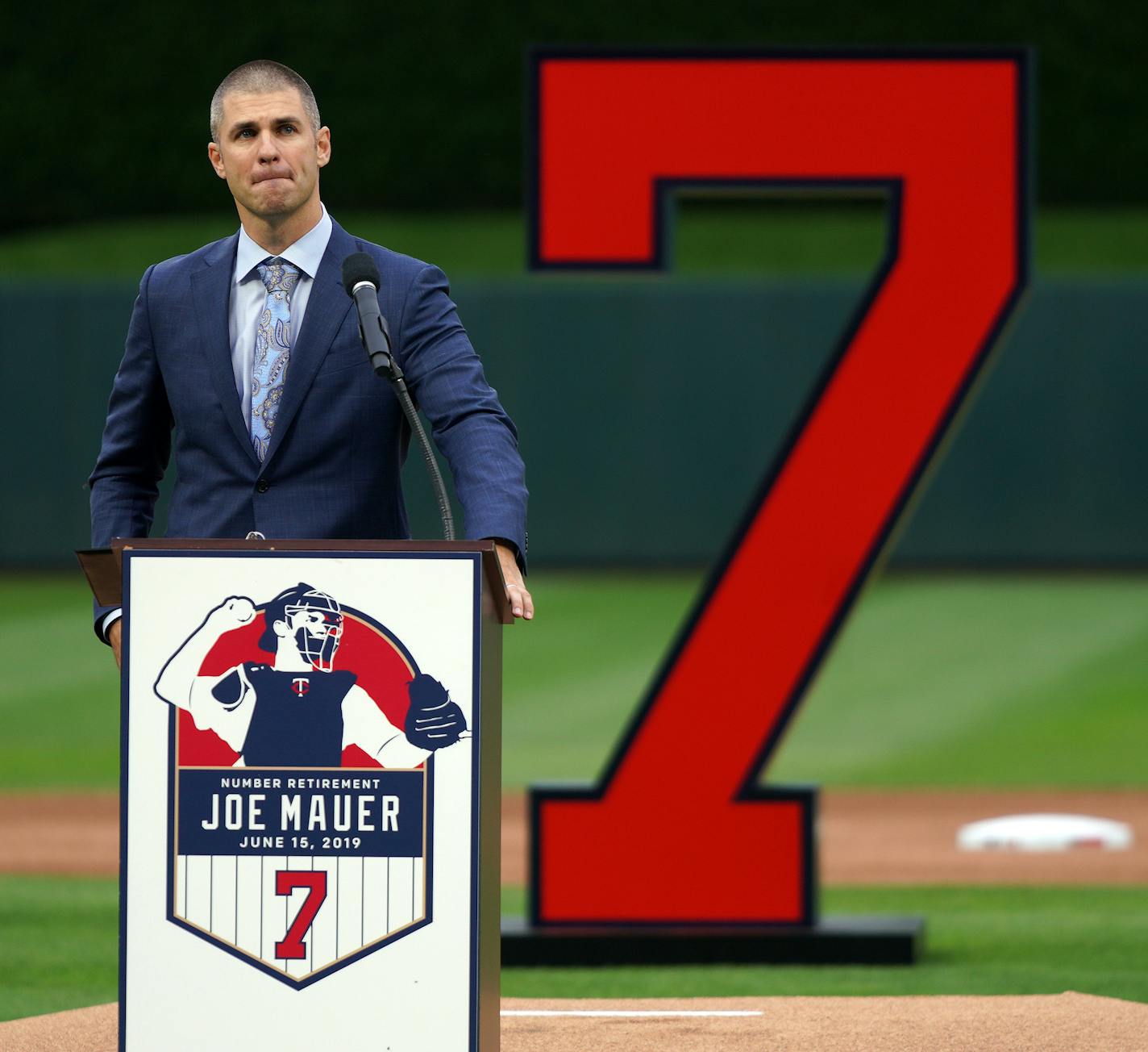 Former Minnesota Twins star Joe Mauer fought back tears as he spoke during a pregame ceremony to retire his number 7 Saturday. ] ANTHONY SOUFFLE &#x2022; anthony.souffle@startribune.com The Minnesota Twins played the Kansas City Royals in an MLB game Saturday, June 15, 2019 at Target Field in Minneapolis.