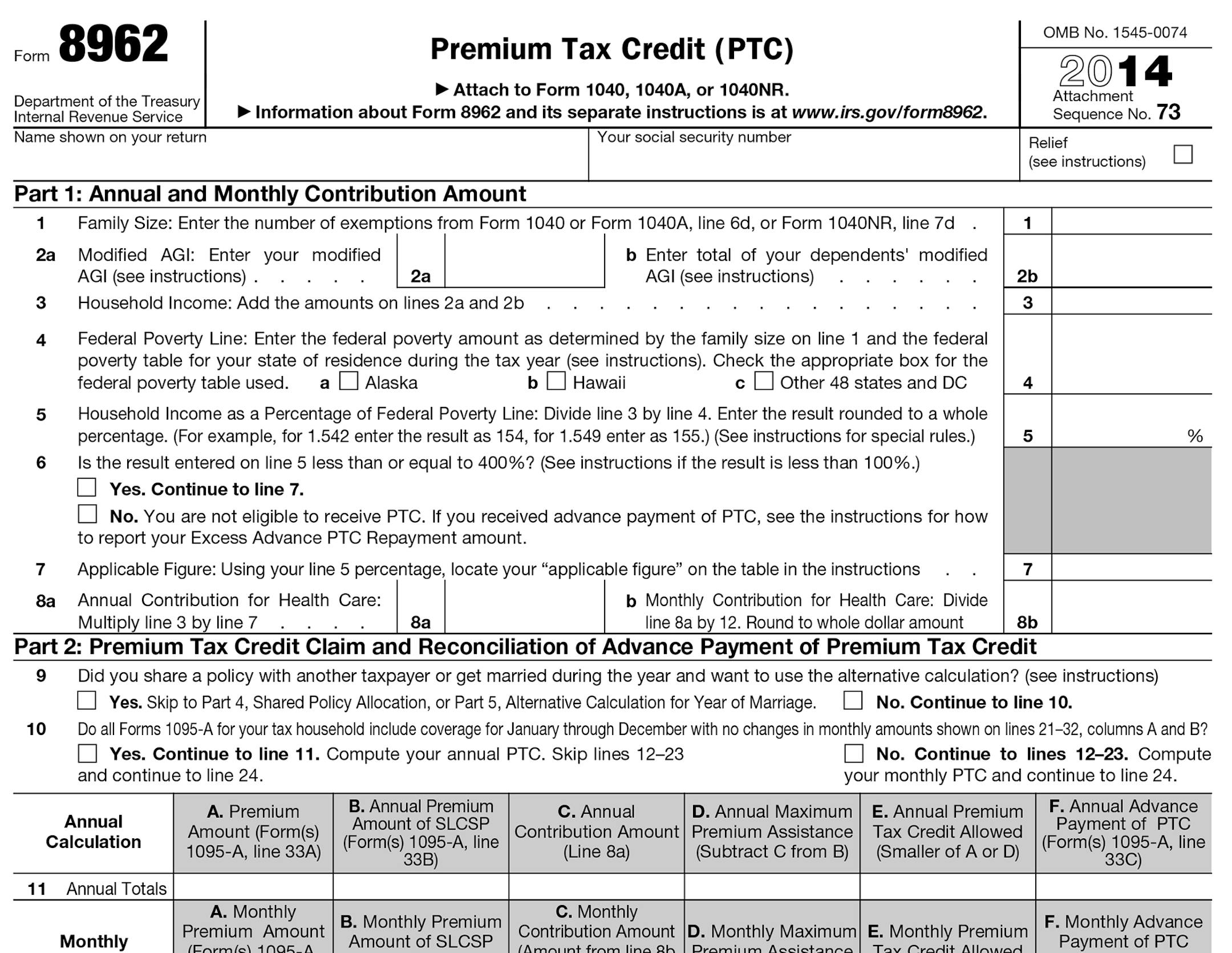 Premium Tax Credit (PTC), form 8962