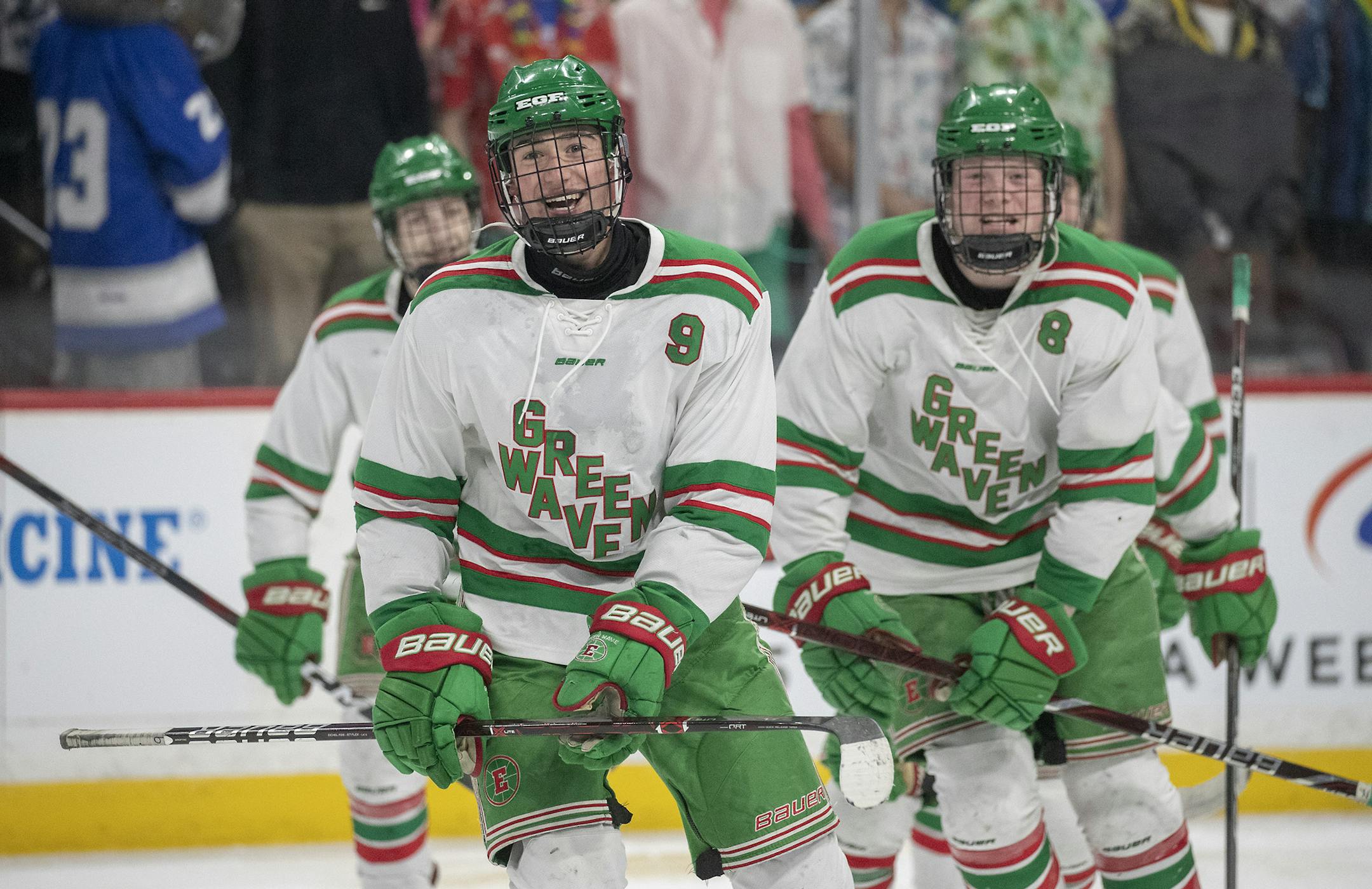 East Grand Forks' Landon Parker celebrated his goal during the third period of their matchup with Minnesota River during the 1A boys' hockey state tournament at the Xcel Energy Center, Wednesday, March 6, 2019 in St. Paul, MN. ] ELIZABETH FLORES • liz.flores@startribune.com