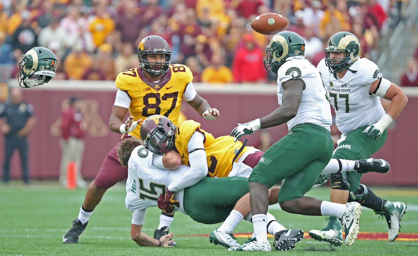 Gophers defensive lineman Tai'yon Devers sacked Colorado State quarterback Collin Hill — forcing a fumble and sending a helmet flying — in the second quarter Saturday.