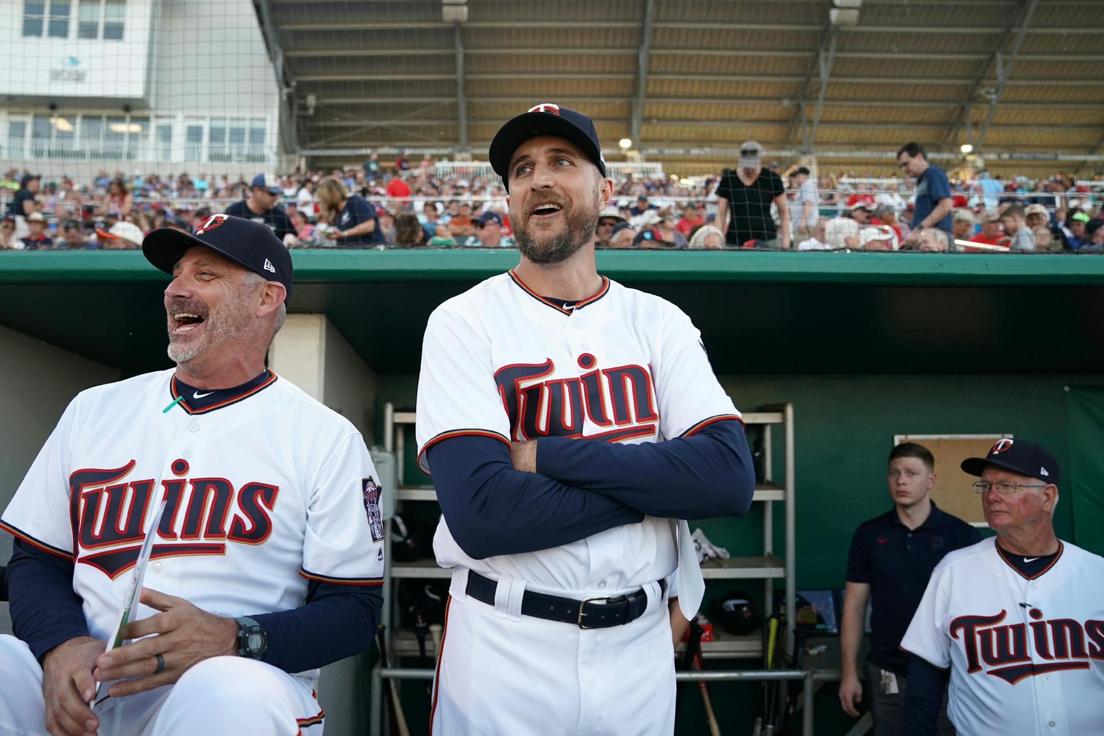 Minnesota Twins manager Rocco Baldelli (5) and Minnesota Twins bench coach Derek Shelton (9) joked with coaches from the Tampa Bay Rays before Saturday's game. ] ANTHONY SOUFFLE • anthony.souffle@startribune.com The Minnesota Twins played the Tampa Bay Rays in their first home Spring Training game Saturday, Feb. 23, 2019 at The CenturyLink Sports Complex's Hammond Stadium in Fort Myers, Fla.