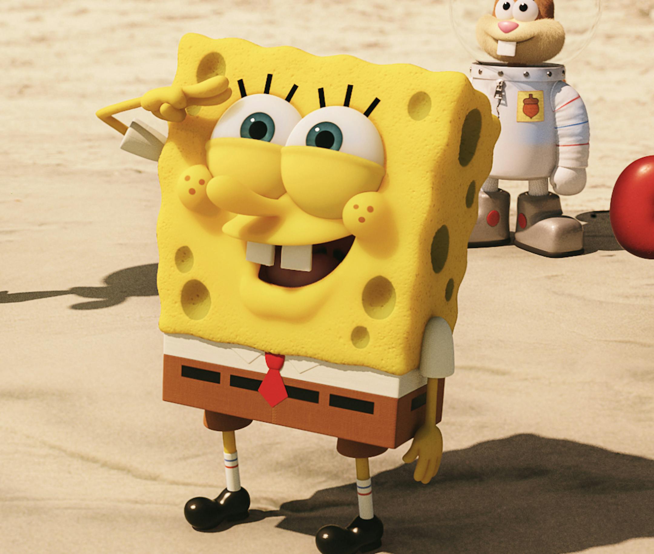 This image released by Paramount Pictures and Nickelodeon Movies shows characters, from left, Squidward Tentacles, SpongeBob SquarePants, Sandy Cheeks, and Mr. Krabs in a scene from "The Spongebob Movie: Sponge Out of Water." (AP Photo/Paramount Pictures and Nickelodeon Movies)