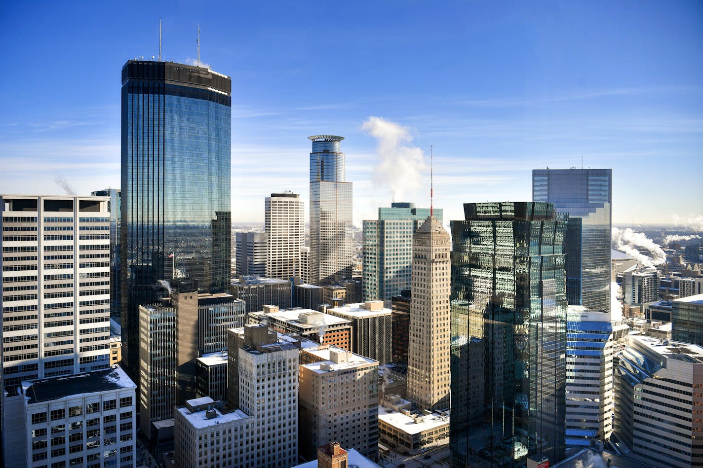 The Minneapolis skyline, including: IDS Center, Foshay Tower, Capella Tower, Ameriprise Financial Center, Campbell Mithun Tower, AT&T Tower, 33 South Sixth.