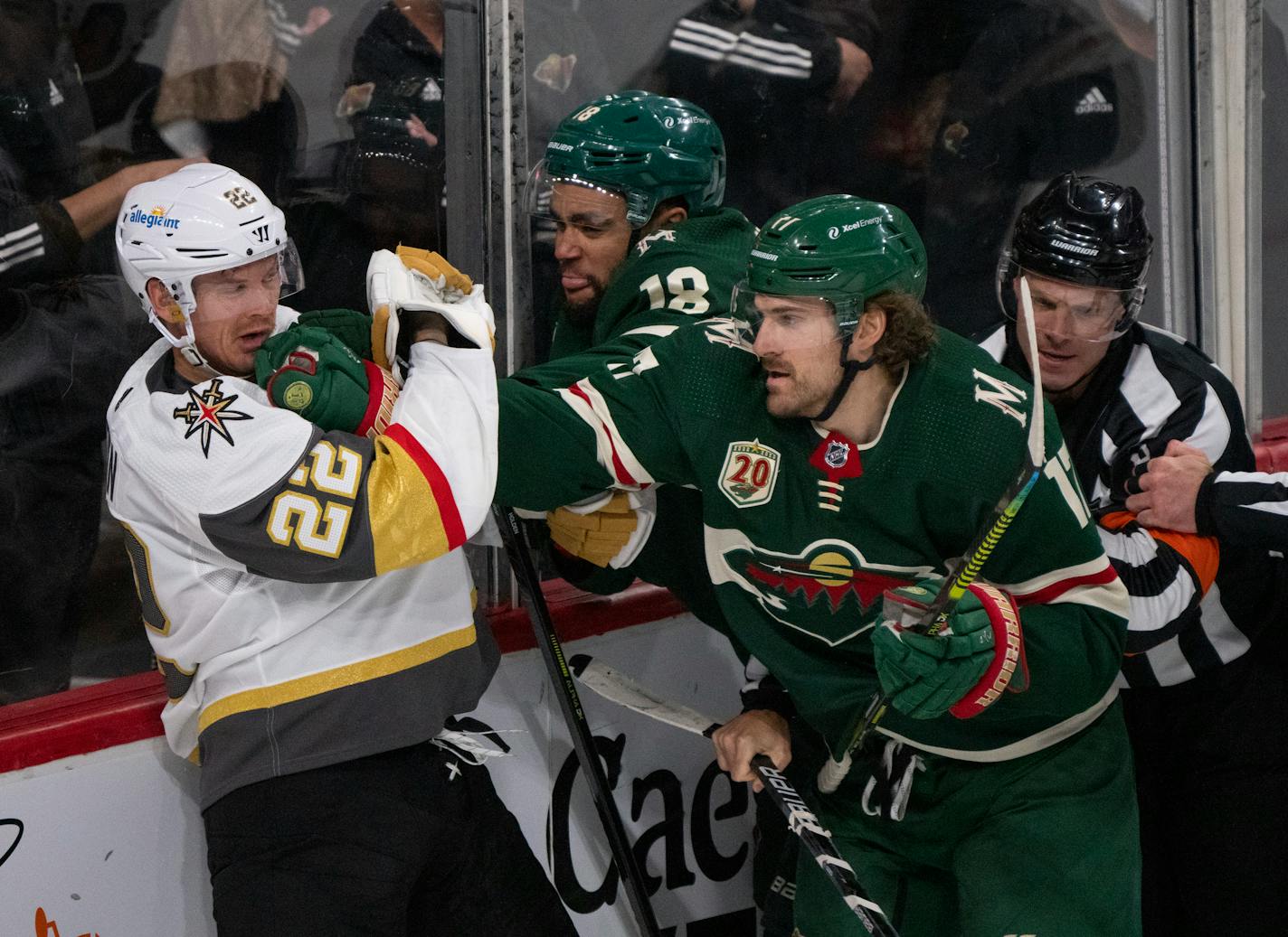 Minnesota Wild left wing Marcus Foligno (17) connected with a right to the jaw of Vegas Golden Knights defenseman Nick Holden (22) in the third period. Jordan Greenway (18) had a front row seat. ] JEFF WHEELER • jeff.wheeler@startribune.com