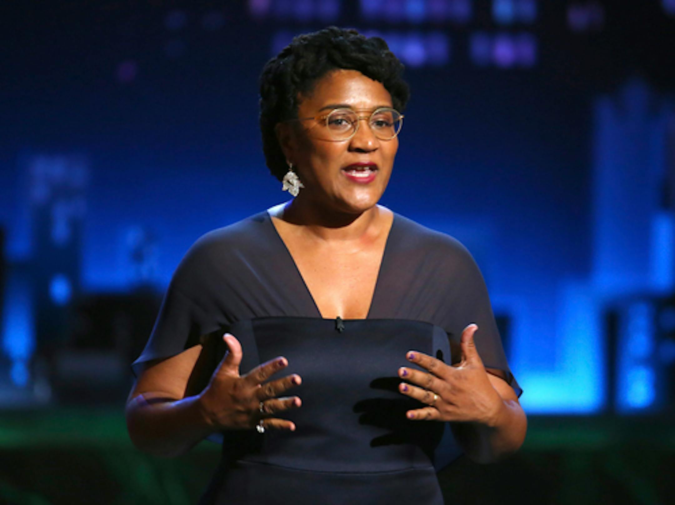 FILE - In this June 11, 2017 file photo, Lynn Nottage introduces a performance by the cast of "Sweat" at the 71st annual Tony Awards in New York. Nottage is among this year's inductees in the American Academy of Arts and Letters. The new members will be formally inducted in May. (Photo by Michael Zorn/Invision/AP, File)