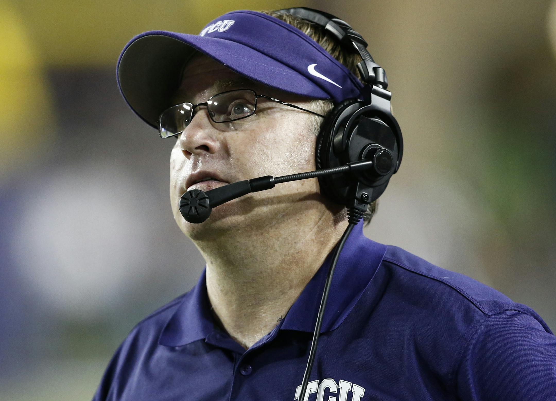 TCU head coach Gary Patterson during the second half of an NCAA college football game against Samford in Fort Worth, Texas, Saturday, Aug. 30, 2014. TCU won 48-14. (AP Photo/Jim Cowsert) ORG XMIT: TXJC1xx