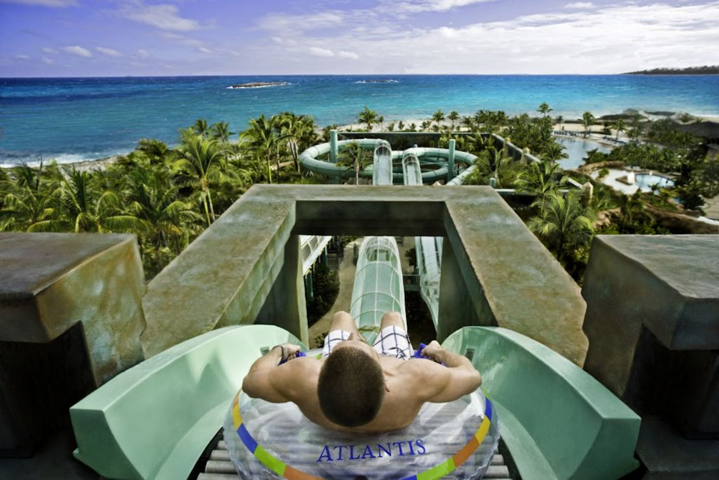 The Surge water slide ends in rapids caused by a "flash flood," at Atlantis Paradise Island resort.