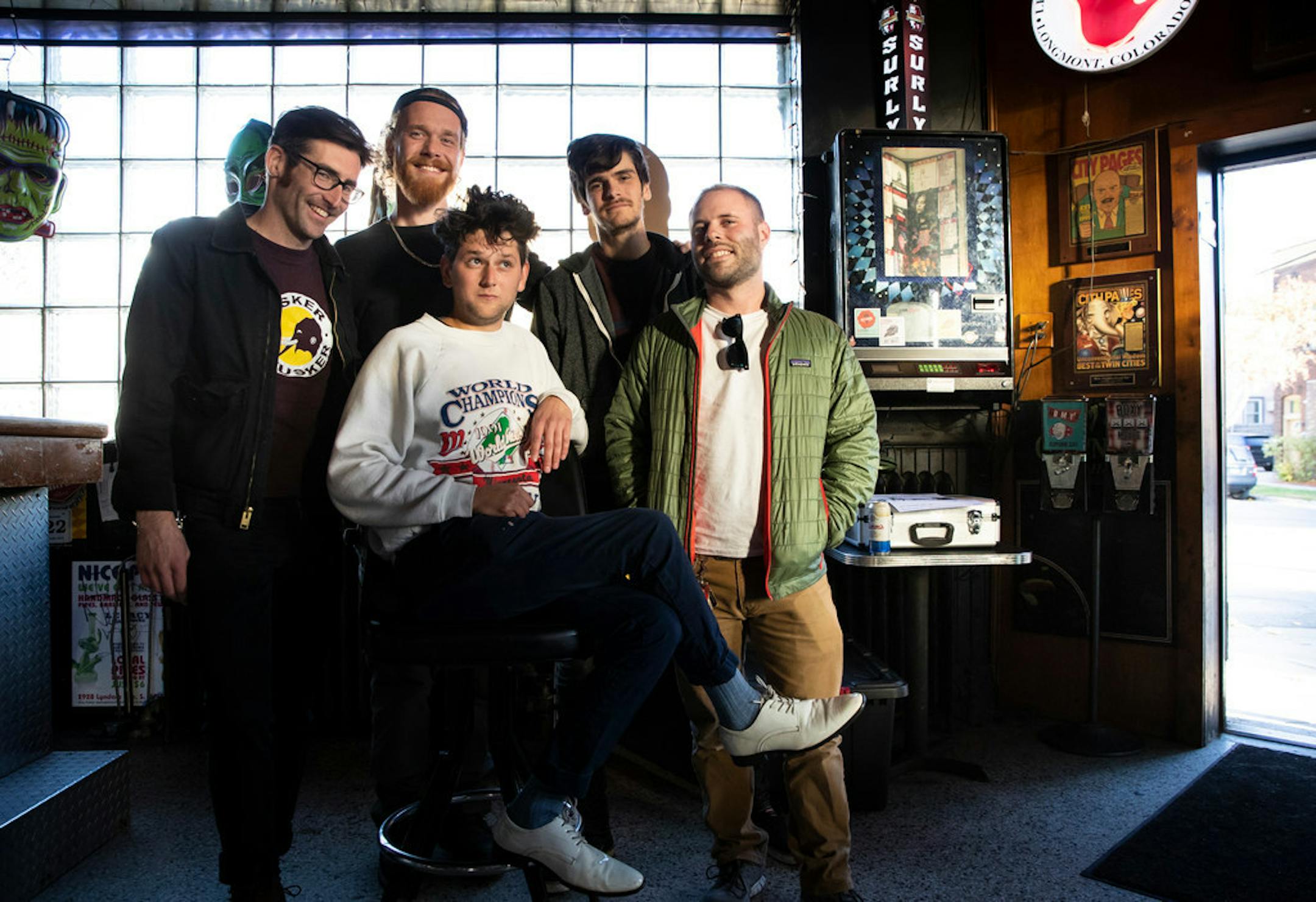 Members of the Bad Man band, hanging out at Grumpy's Bar in northeast Minneapolis, from left: Patrick Davis, Warren Peterson, Peter Memorich, Ben Hintz and Mike Richey. "We're a Northeast band through and through," Memorich said. His family owned the predecessor to Grumpy's (Zurbey's).