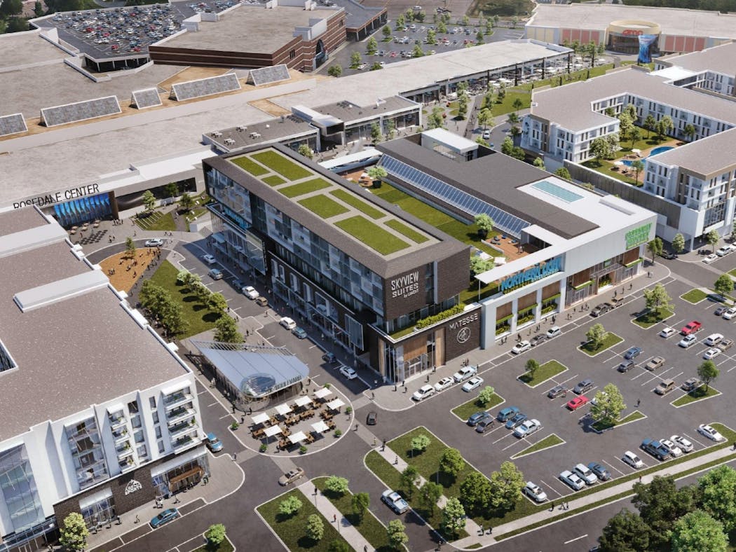 The new Kowalski's at Rosedale will be part of a new structure that will occupy the former space of Herberger's. That structure, shown in an architectural rendering, is part of a larger $200 million expansion that includes offices and residences.
