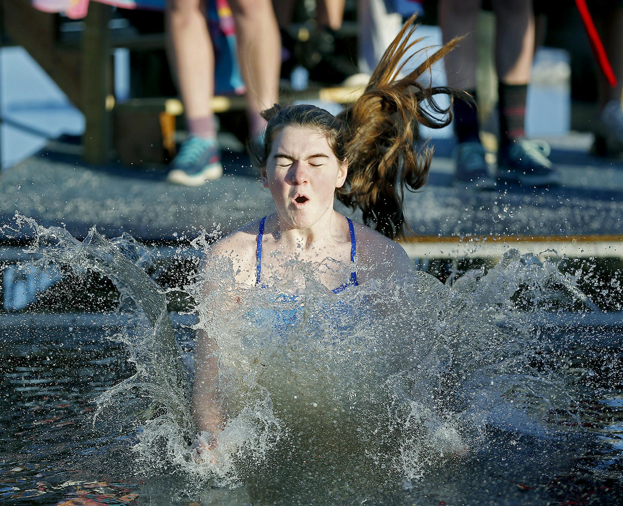 Rebecca Boynton jumped into Lake Minnetonka (32 degrees) on Sunday for the 27th Annual ALARC Ice Dive.