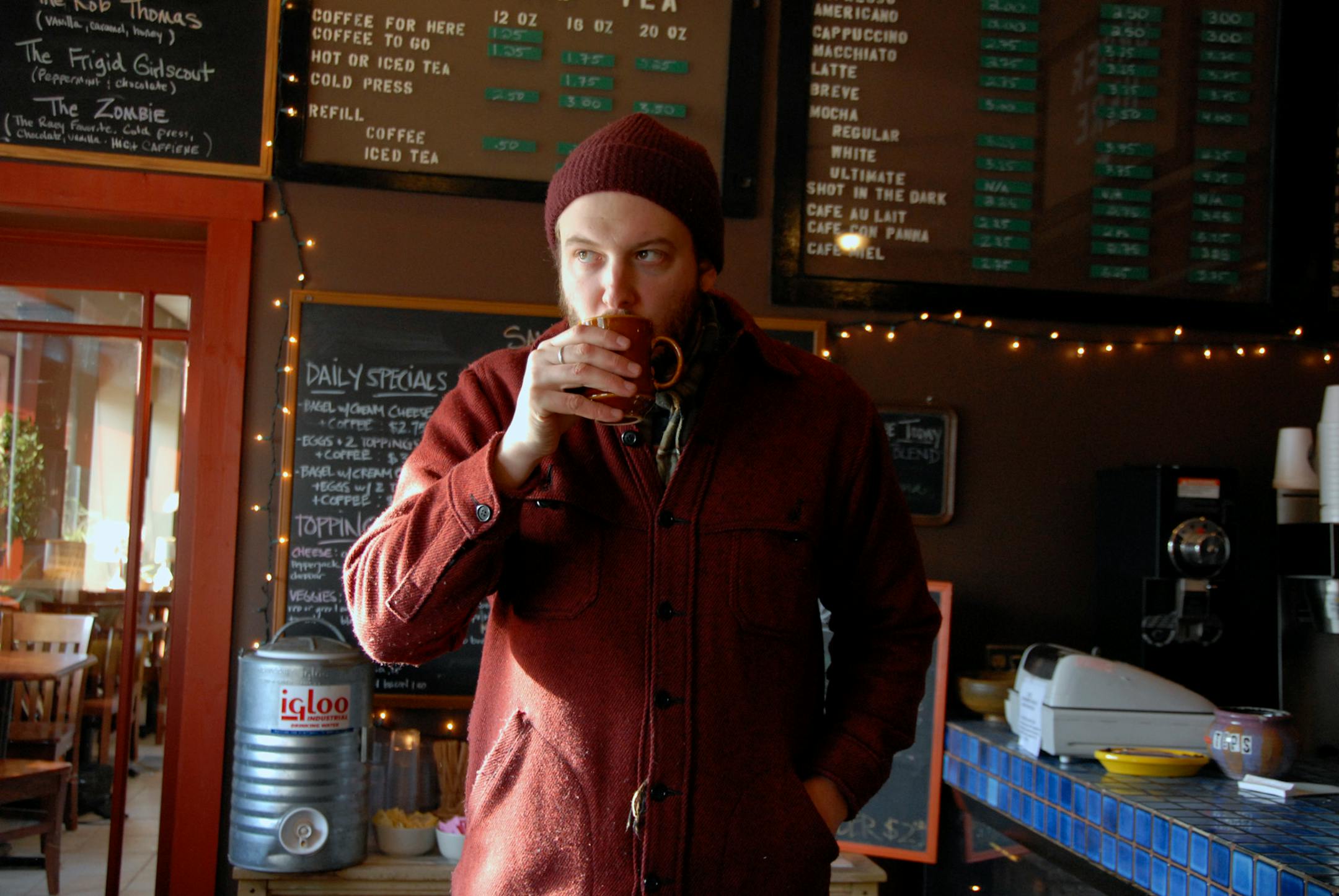Justin "Bon Iver" drank coffee at Racy D'Elenes in downtown Eau Claire.