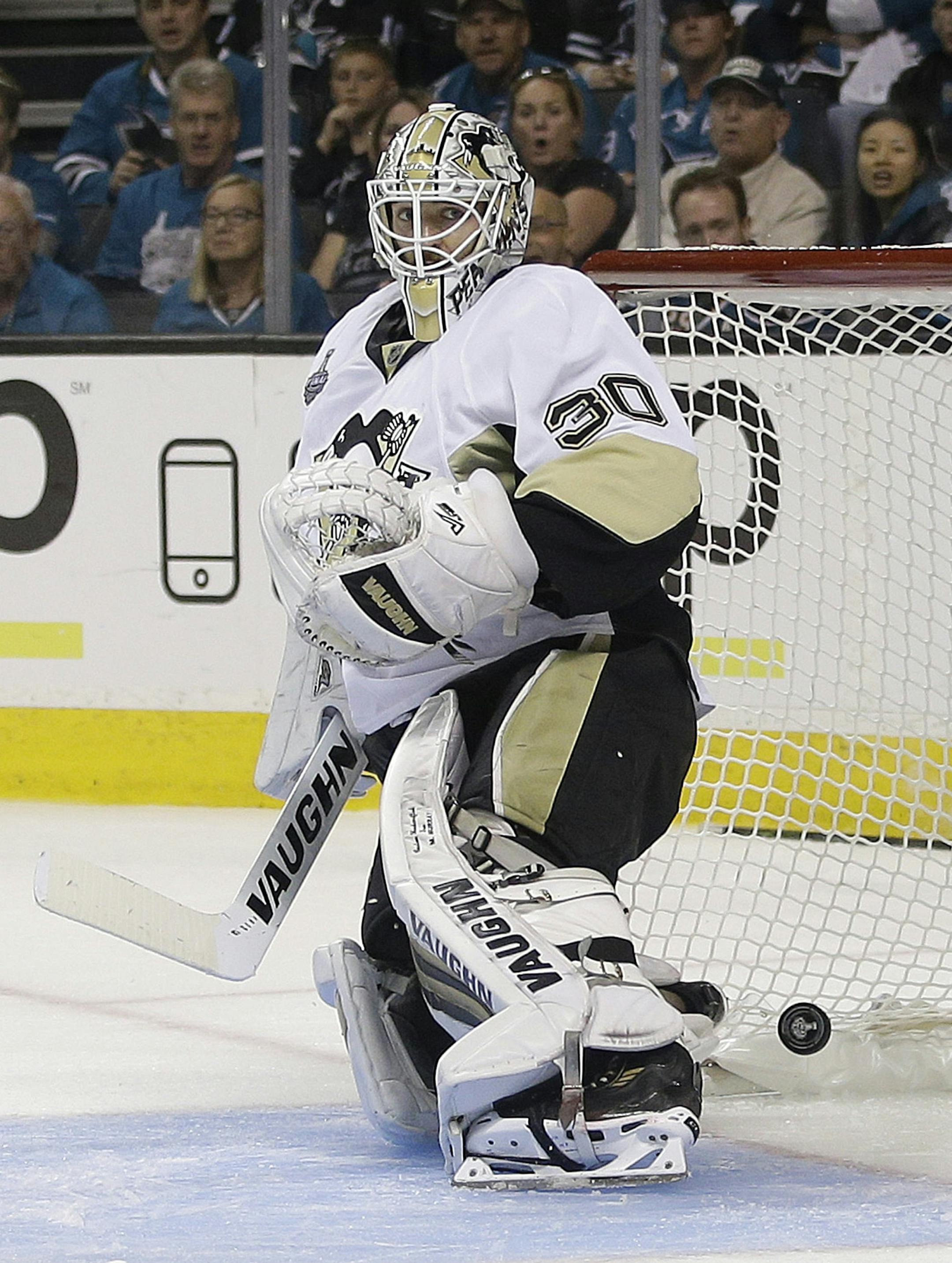 Pittsburgh Penguins goalie Matt Murray (30) reacts as the winning goal is scored by San Jose Sharks right wing Joonas Donskoi during overtime of Game 3 of the NHL hockey Stanley Cup Finals in San Jose, Calif., Saturday, June 4, 2016. The Sharks won 3-2. (AP Photo/Marcio Jose Sanchez)