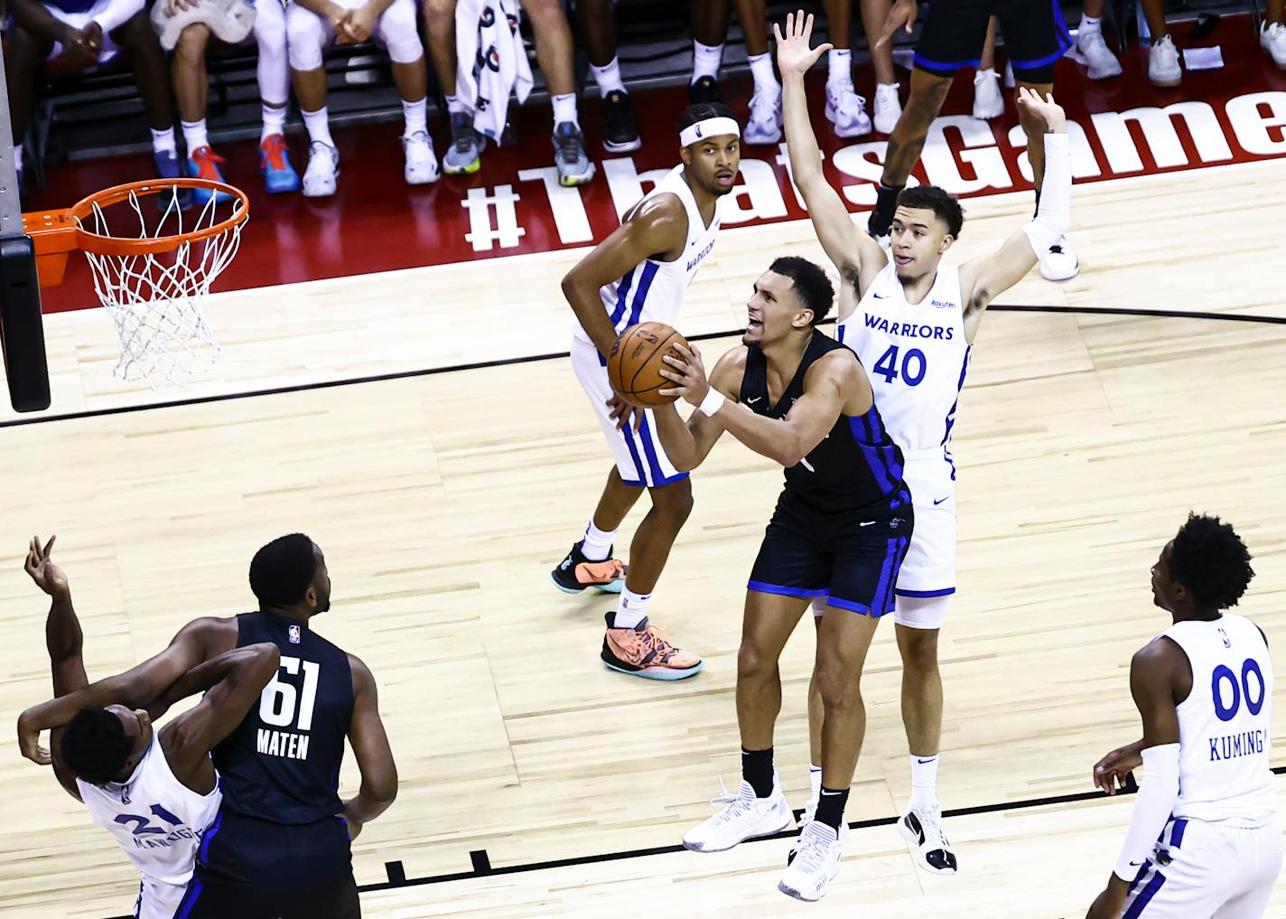 Orlando Magic's Jalen Suggs looks to shoot in front of Golden State Warriors' Jaquori McLaughlin (40) during the second half of an NBA summer league basketball game in Las Vegas, Monday, Aug. 9, 2021. (Chase Stevens/Las Vegas Review-Journal via AP)