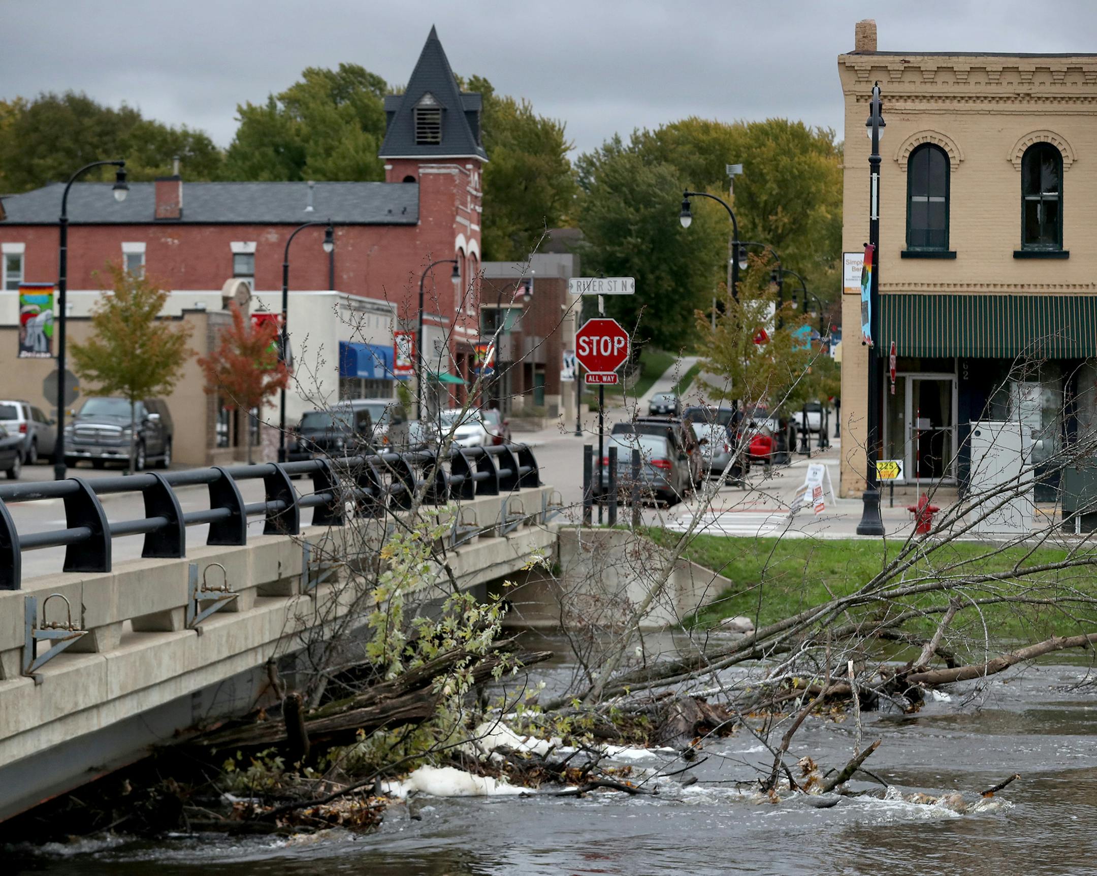 Logs and a portion of a tree is wedged under Bridge Ave. W and River St. N. on the Crow River as recent heavy rains have caused area rivers to swell and seen Thursday, Oct. 12, 2017, in Delano, MN.] DAVID JOLES ï david.joles@startribune.com Lots of rain this fall means some Minnesota rivers are overflowing their banks.