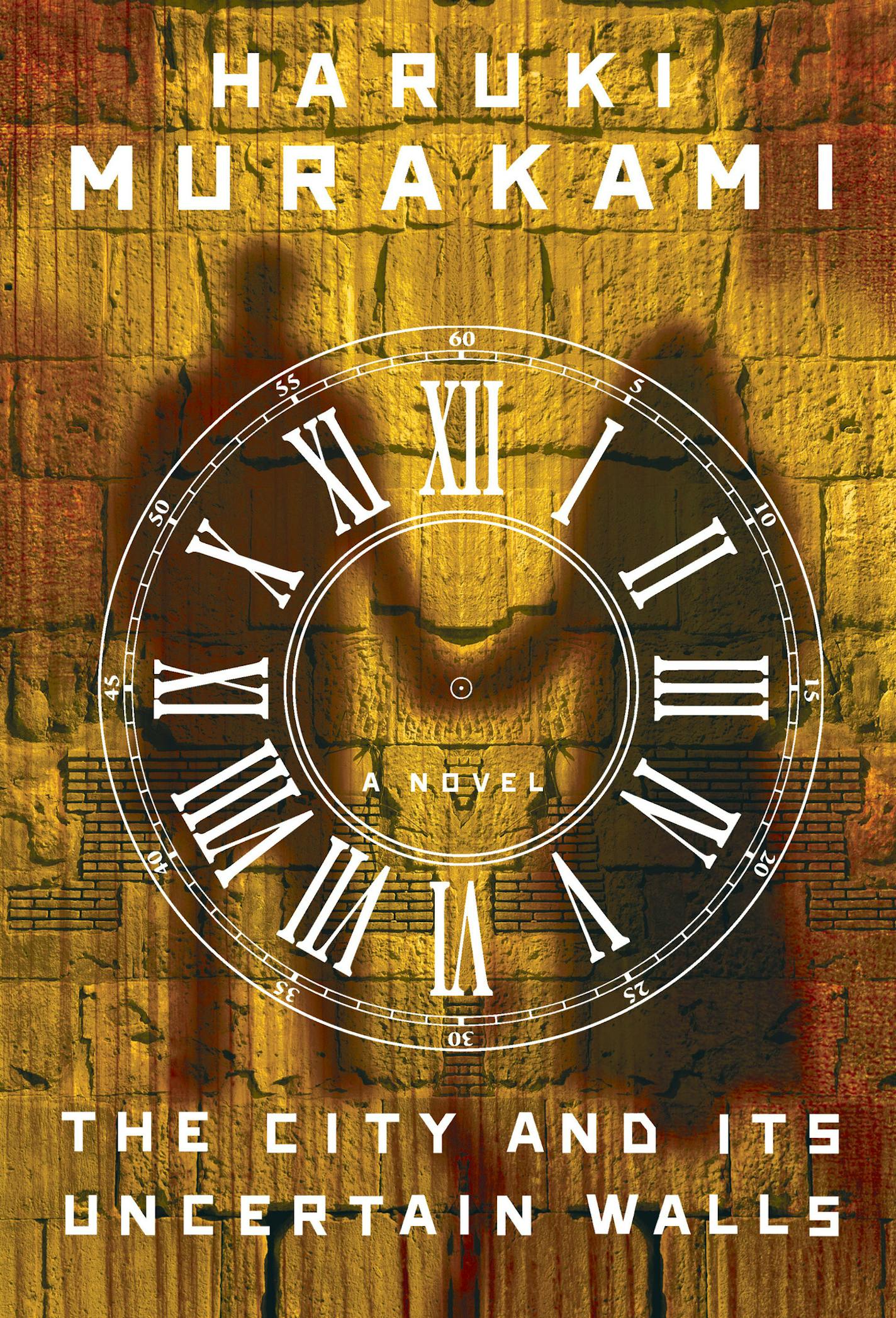 cover of The City and Its Uncertain Walls features a silhouette of two people, holding hands, and the  face of a clock