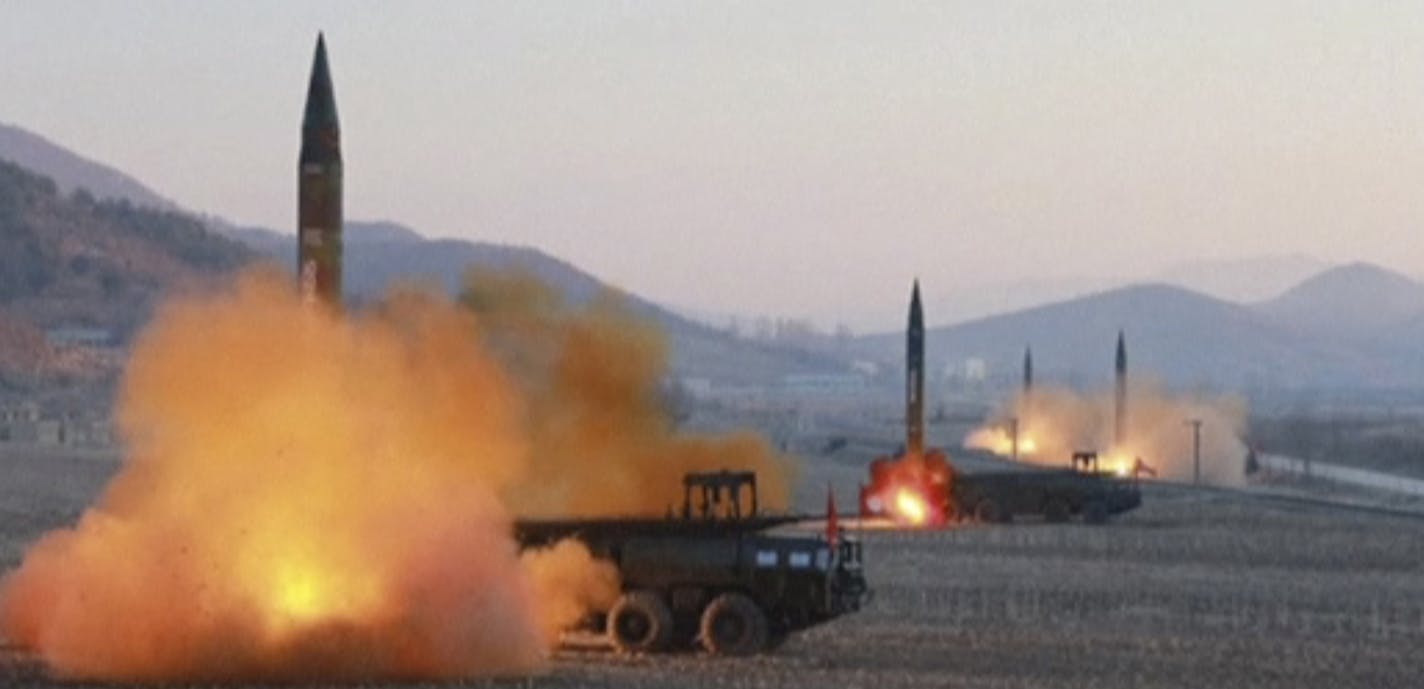 In this image made from video released by KRT on Tuesday, March 7, 2017, North Korea launches four missiles in an undisclosed location North Korea. On Monday, North Korea fired four ballistic missiles in an apparent protest against ongoing U.S.-South Korean military drills that it views as an invasion rehearsal. (KRT via AP Video) ORG XMIT: MIN2017030712431725