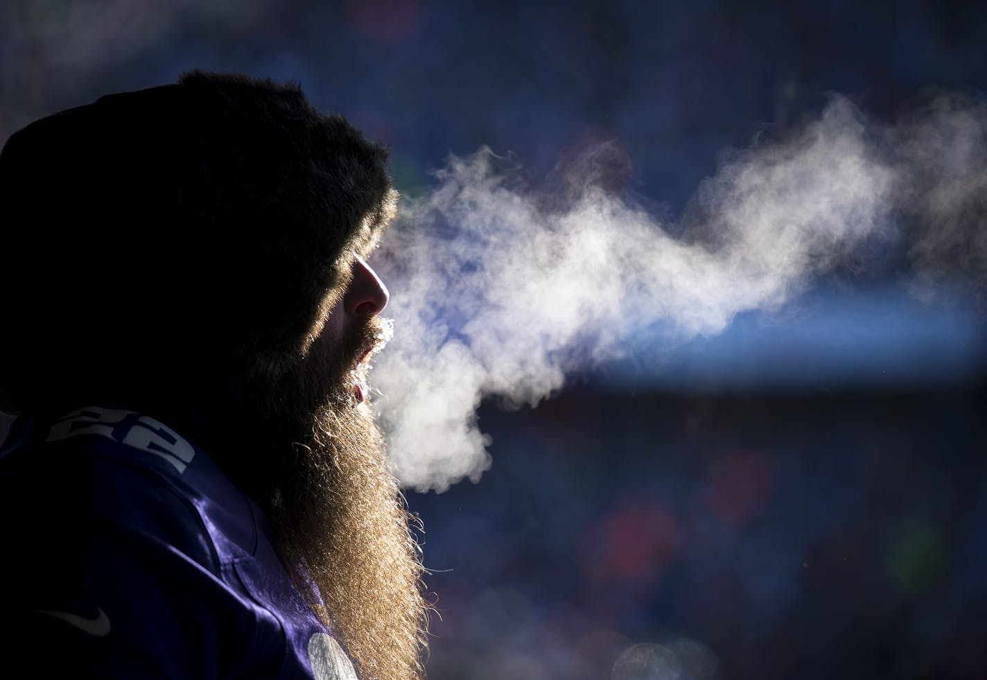 Troy Steinkamp, of Adams, Minn., cheered for the Vikings in sub-zero temperatures at the start of second quarter Sunday. ] (AARON LAVINSKY/STAR TRIBUNE) aaron.lavinsky@startribune.com The Minnesota Vikings played the Seattle Seahawks in the Wild-Card round of the NFL Playoffs on Sunday, Jan. 10, 2016 at TCF Bank Stadium in Minneapolis, Minn.