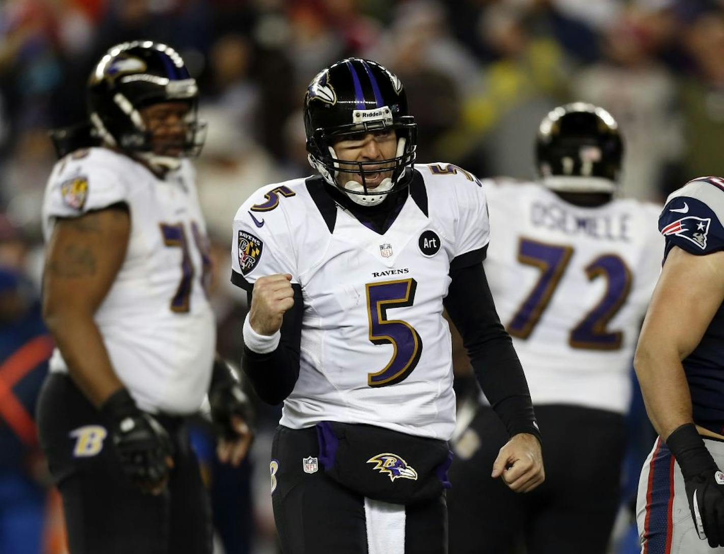 Baltimore Ravens quarterback Joe Flacco (5) reacts during the second half of the NFL football AFC Championship football game against the New England Patriots in Foxborough, Mass., Sunday, Jan. 20, 2013.