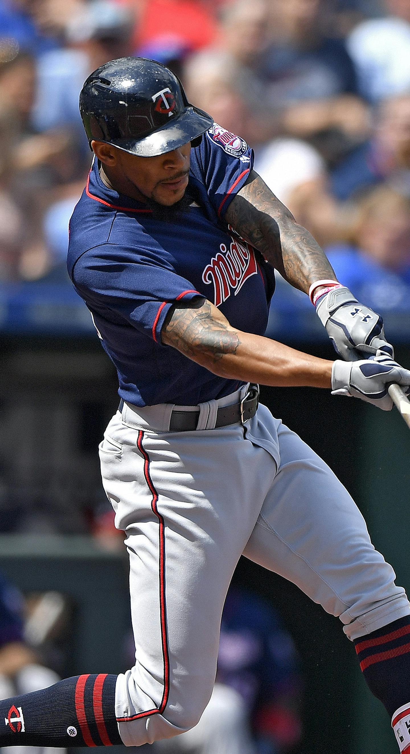 Minnesota Twins' Byron Buxton connects on a triple in the second inning against the Kansas City Royals on Sunday, Sept. 10, 2017 at Kauffman Stadium in Kansas City, Mo. (John Sleezer/Kansas City Star/TNS) ORG XMIT: 1210773