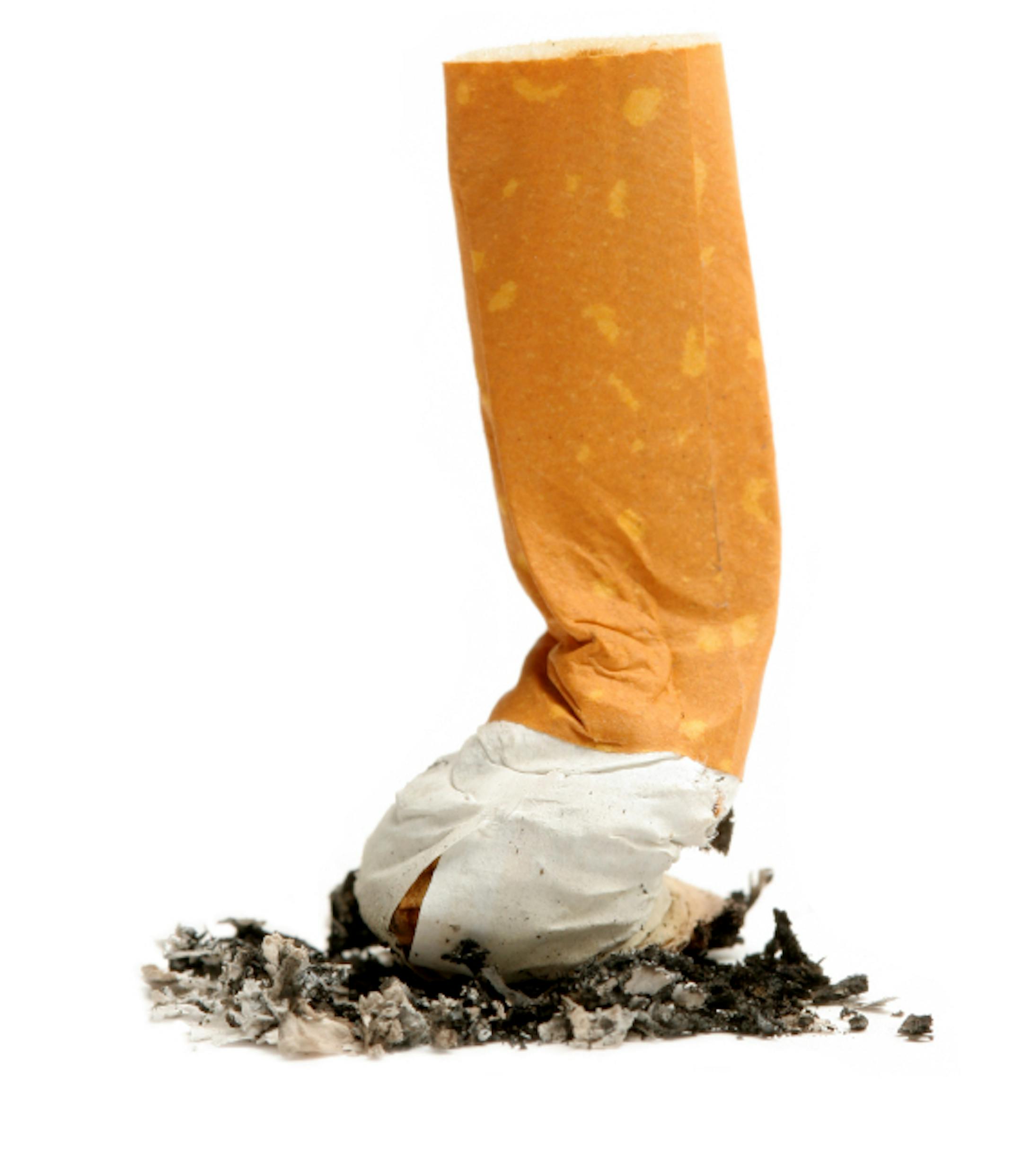 cigarette butte - shot of cigarette put out, over white with focus on bottom of butte