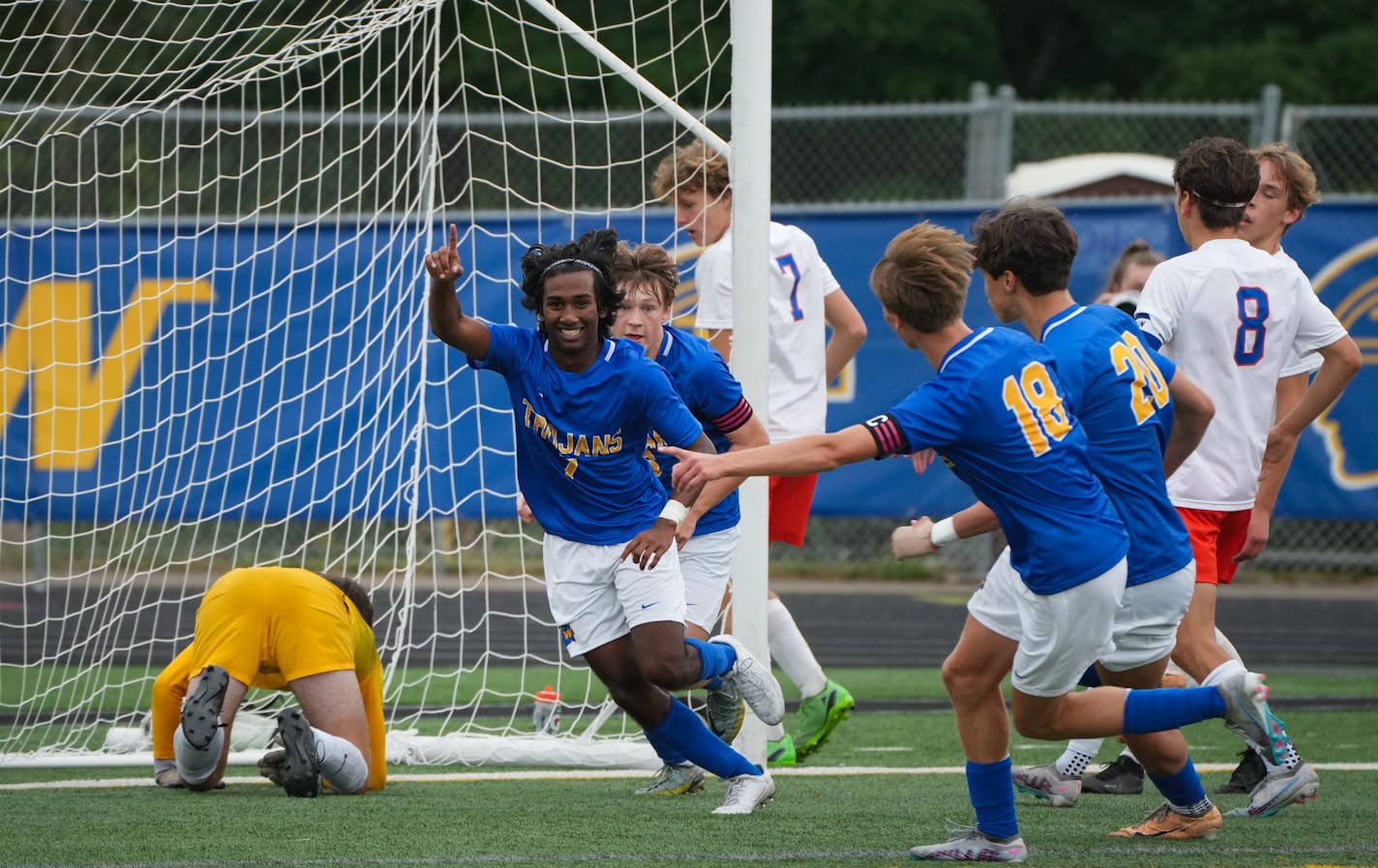 Wayzata midfielder Eddy Ignatius (7) celebrated with teammates after scoring a goal in the first half against Washburn at Wayzata High School in Plymouth, Minn., on Saturday, Sept. 9, 2023. Wayzata defeated Washburn 5-1.