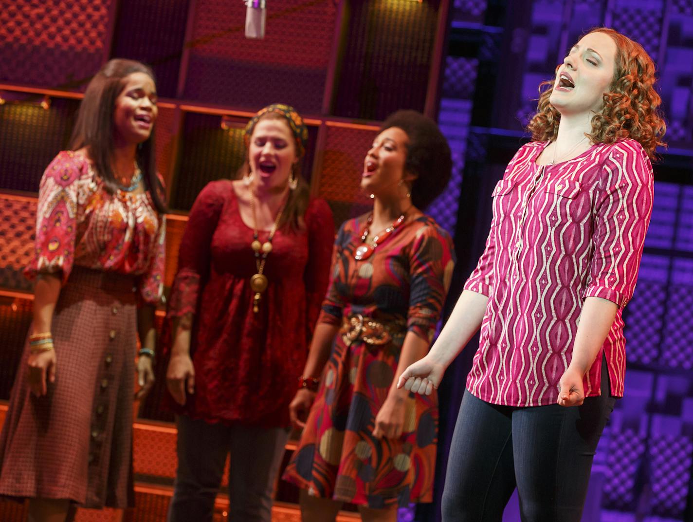 Foreground: Abby Mueller (&#xec;Carole King&#xee;). Background: (l to r) Britney Coleman, Sarah Bockel and Ashley Blanchet. "Beautiful: The Carole King Musical," Photo by Joan Marcus